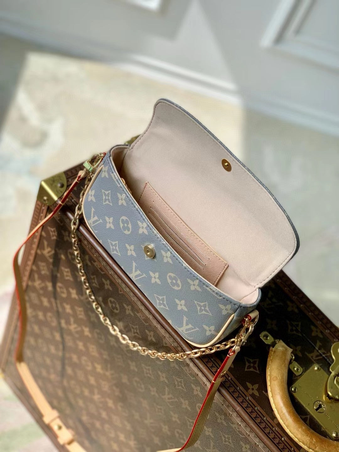 Louis Vuitton Monogram Denim Blue Shoulder Bag with Gold Chain Strap