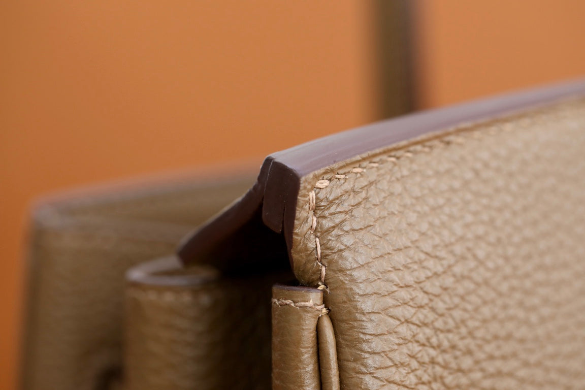 Elegant Taupe Leather Handbag - Classic Birkin Style Top Handle Tote