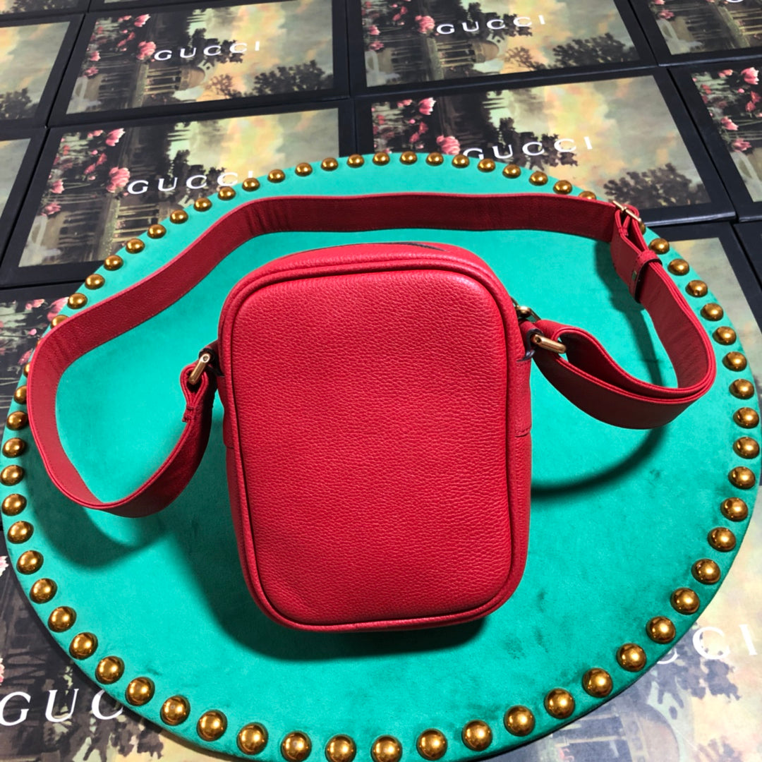 Gucci Retro Red Leather Crossbody Messenger Bag with Vintage Print