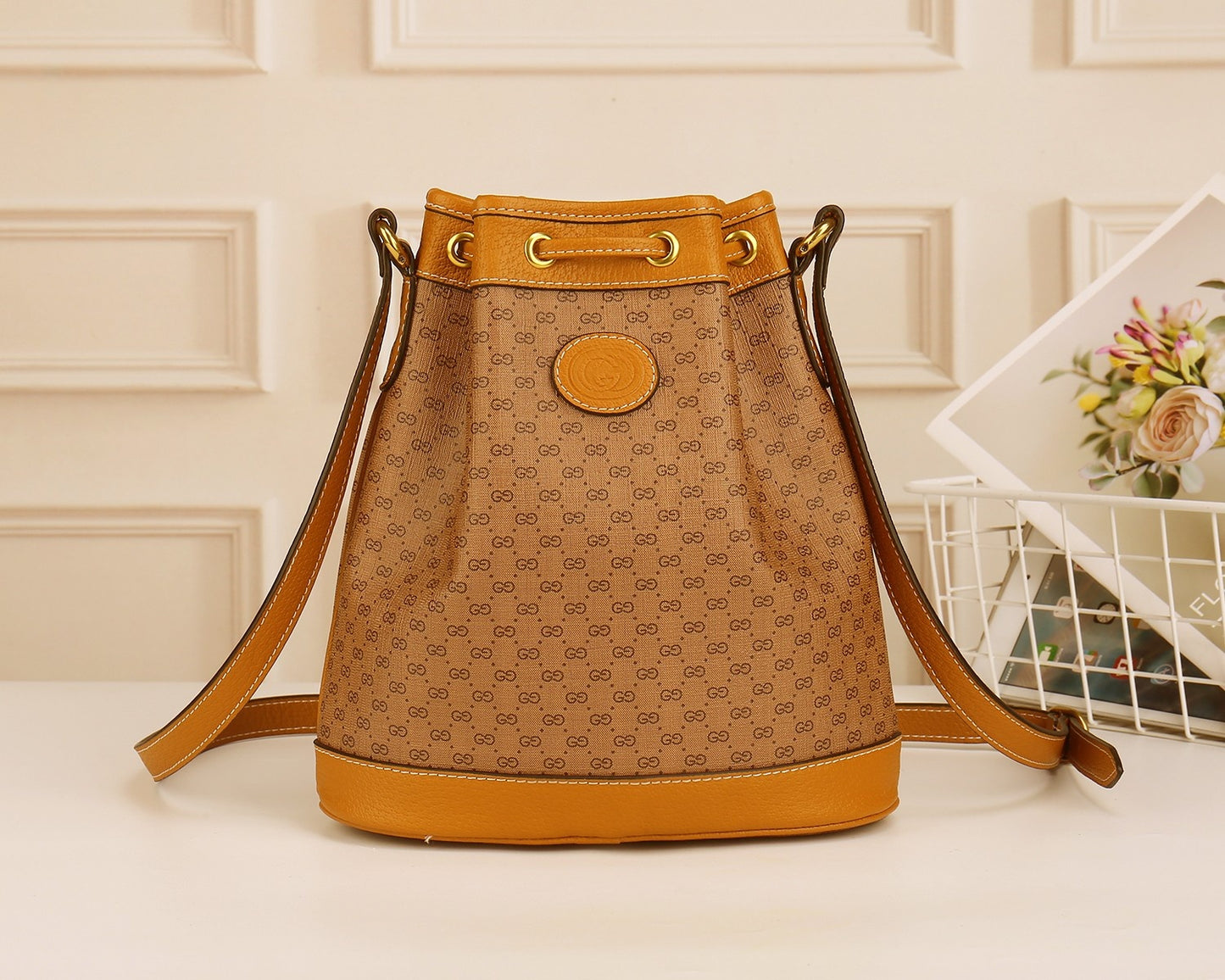 Gucci Vintage Cartoon Mouse Print Monogram Drawstring Shoulder Bucket Bag