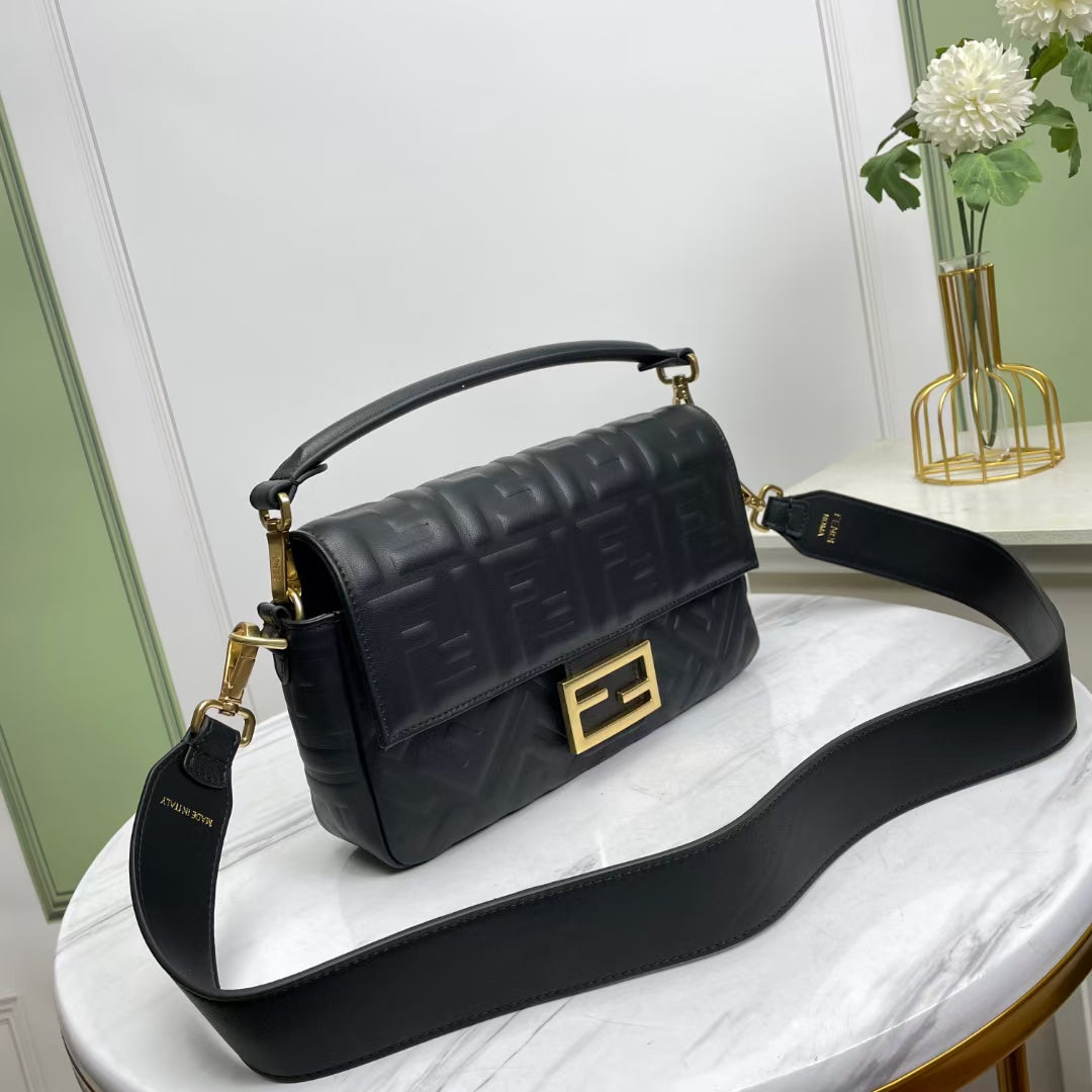 Fendi Baguette Black Embossed Leather Shoulder Bag with FF Logo