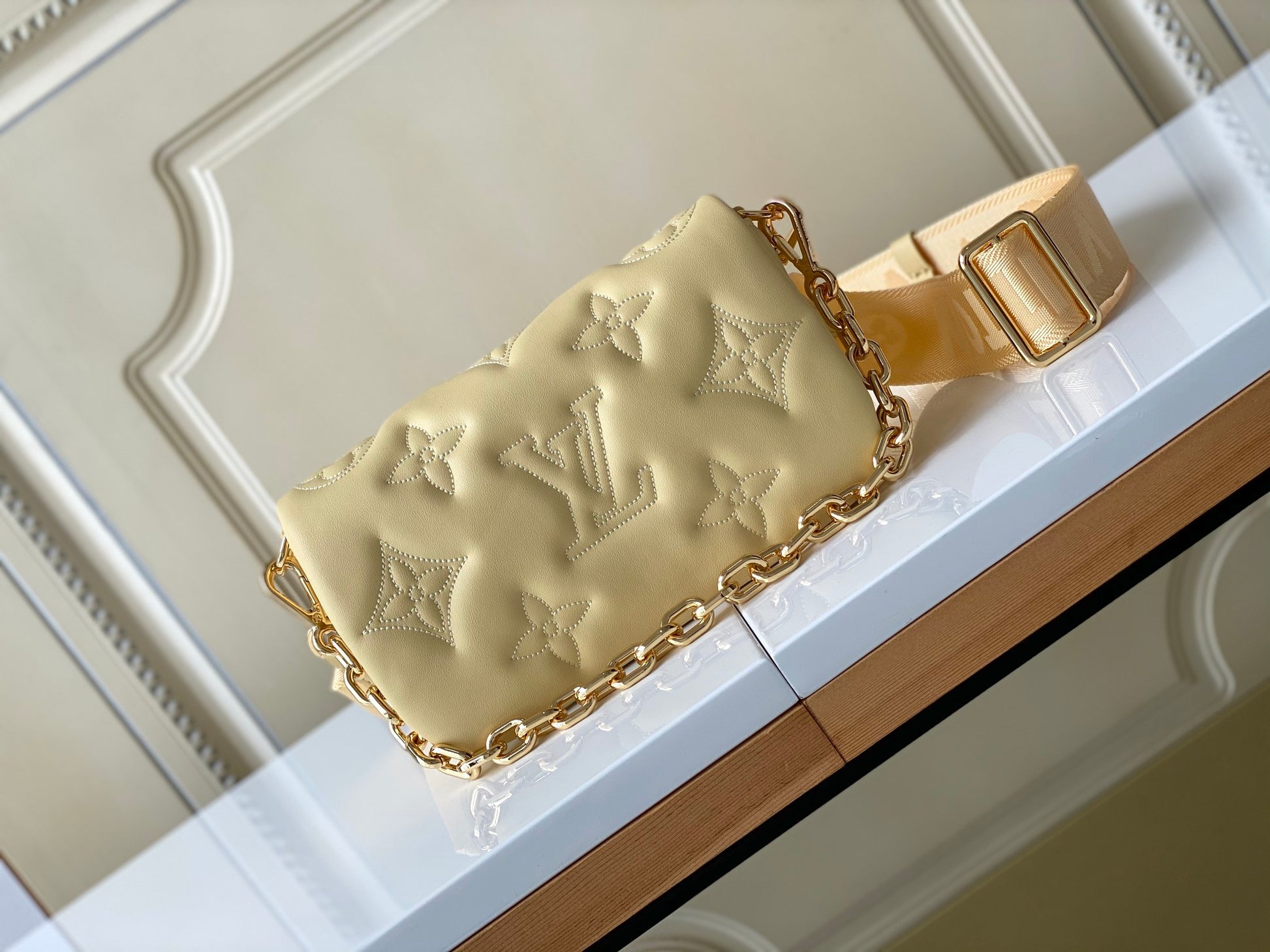 Louis Vuitton Light Yellow Quilted Crossbody Bag with Chain and Wide Strap