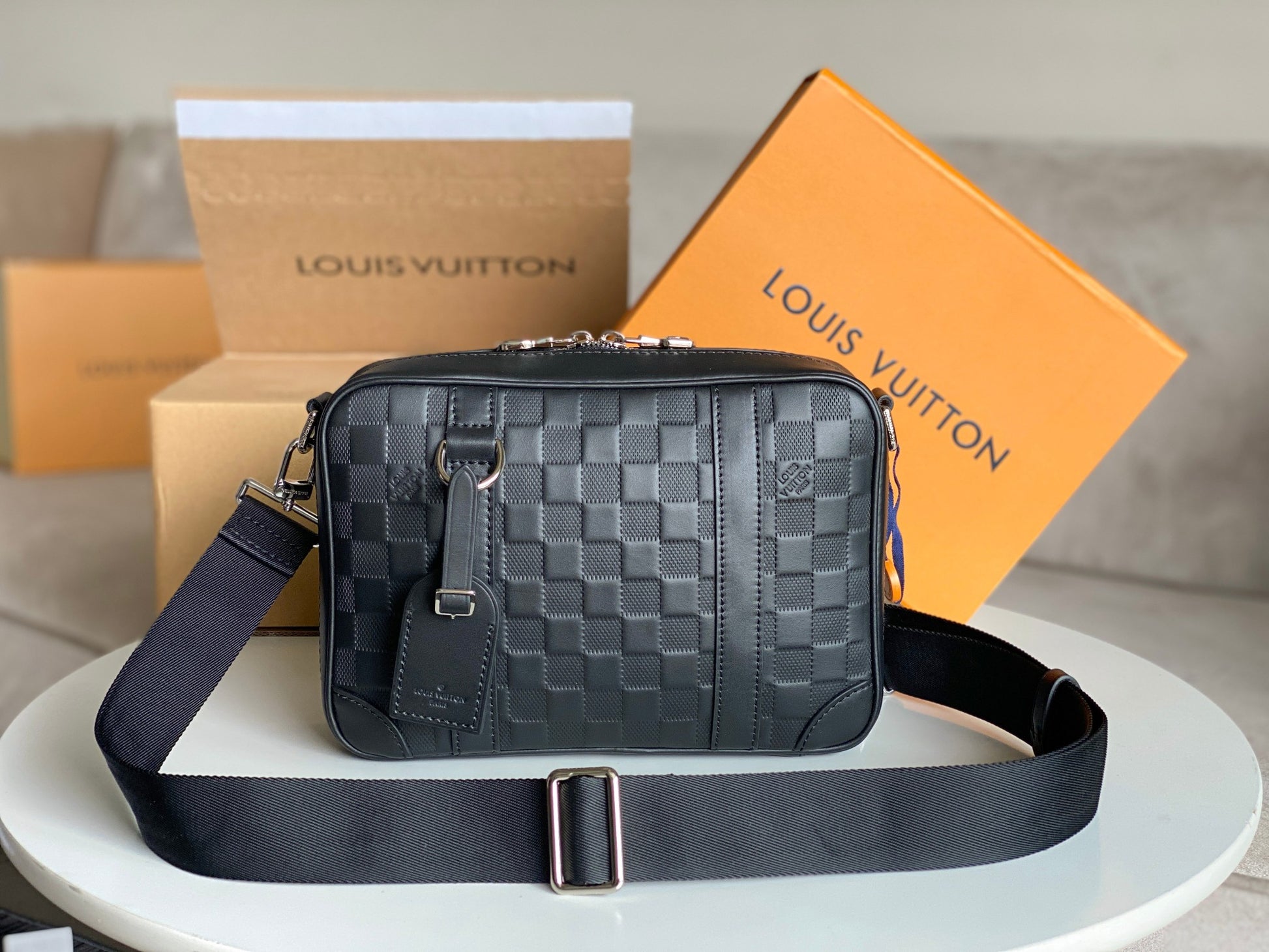 Louis Vuitton Black Checkerboard Embossed Leather Crossbody Messenger Bag
