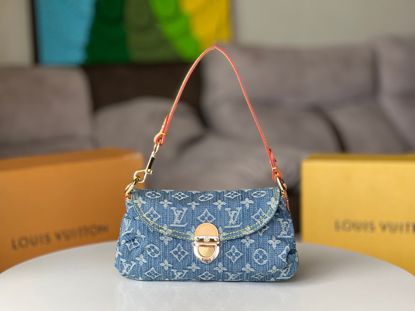 Louis Vuitton Vintage Blue Denim Monogram Shoulder Bag with Gold Lock Clasp