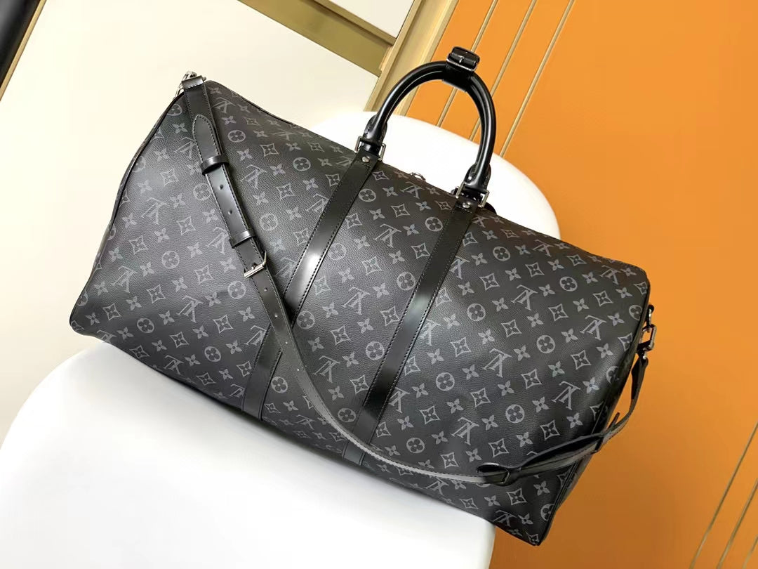 Louis Vuitton Classic Black Monogram Canvas Travel Duffel Bag with Shoulder Strap