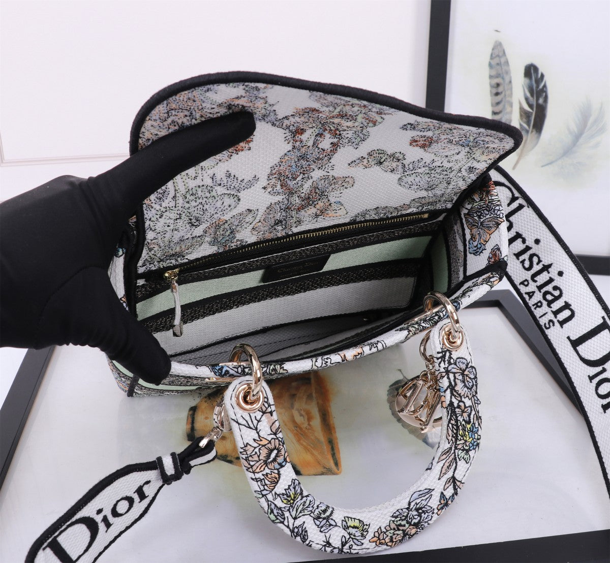 Dior Vintage Floral Embroidered Canvas Satchel Bag with Shoulder Strap