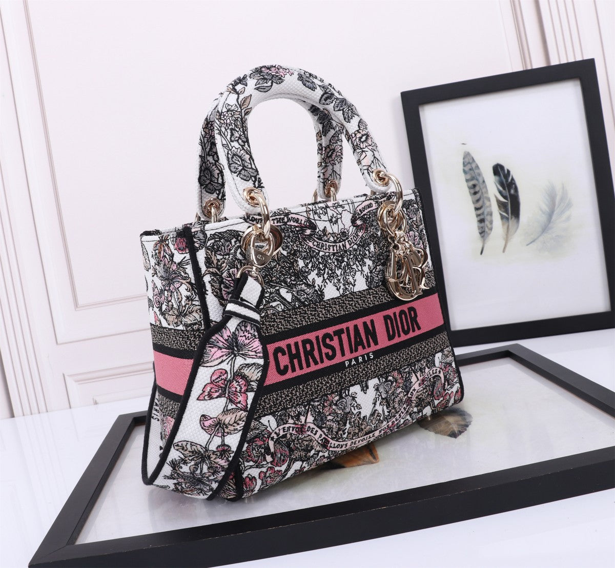 Christian Dior Lady D-Lite Handbag Grey Floral Embroidery with Pink Stripe