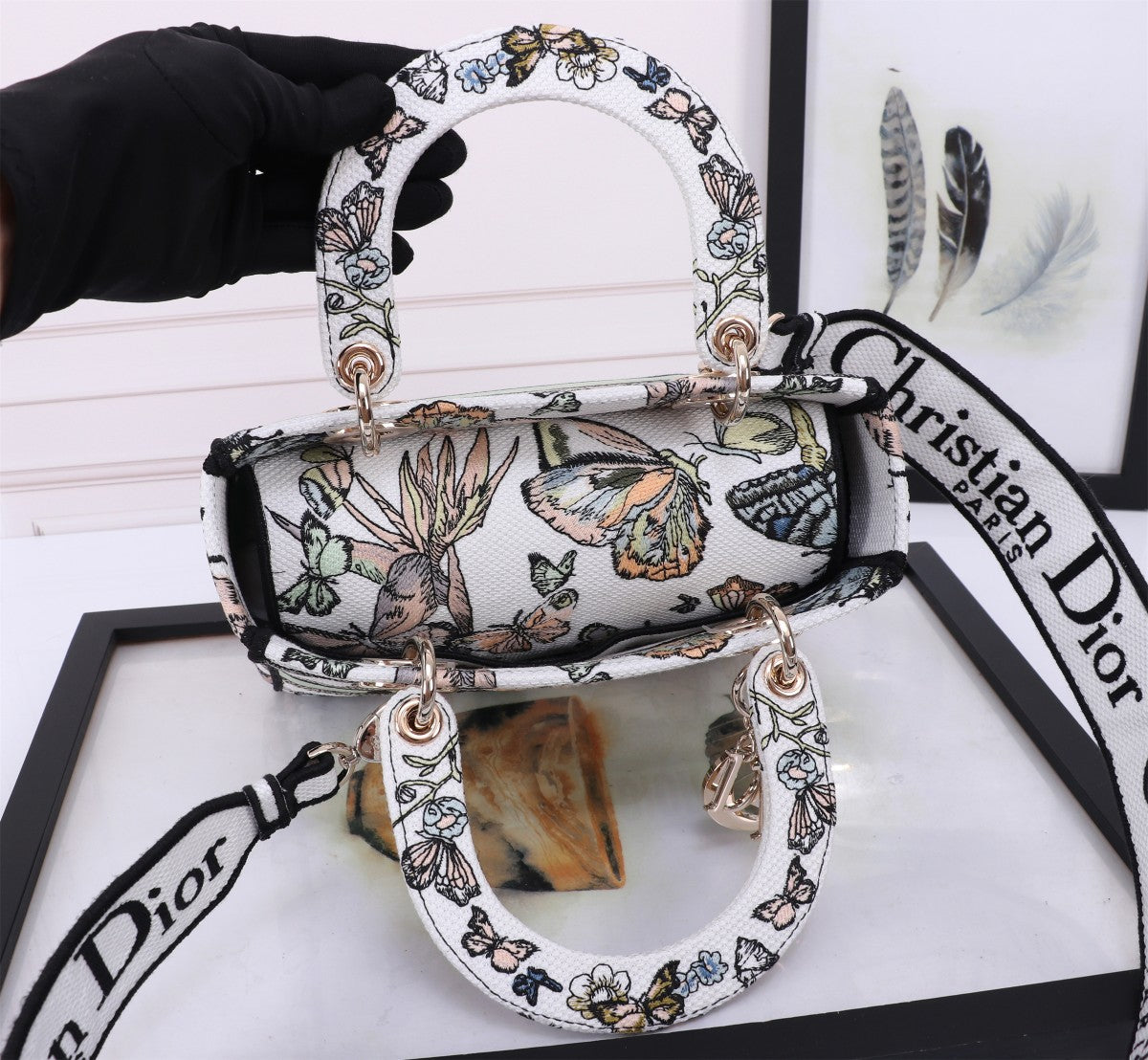 Dior Butterfly Print Canvas Top Handle Handbag with Shoulder Strap