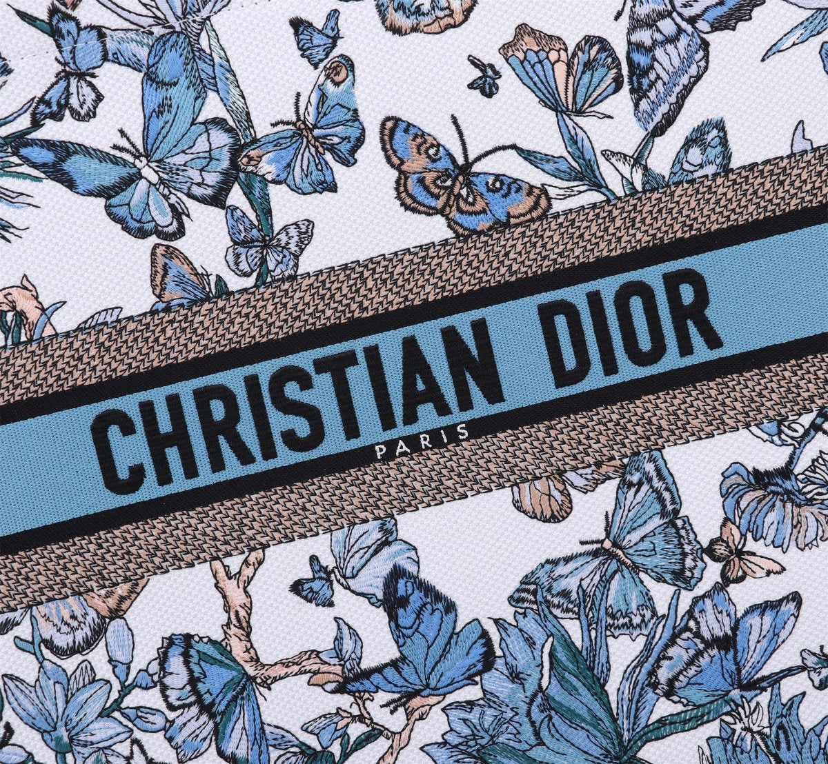 Dior Blue and White Butterfly Floral Embroidered Canvas Tote Bag