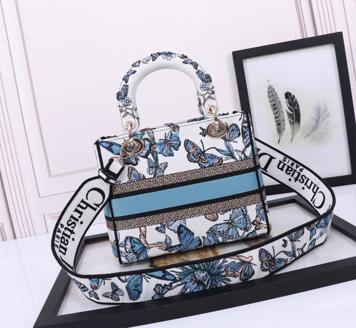Christian Dior Lady D-Lite Bag White and Blue Butterfly Embroidered Handbag