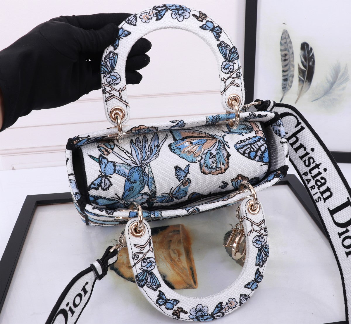 Dior Elegant Blue Butterfly Print Canvas Top Handle Handbag