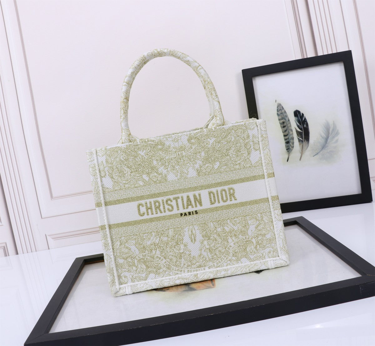 Dior Green Floral Embroidered Canvas Tote Bag with Top Handles