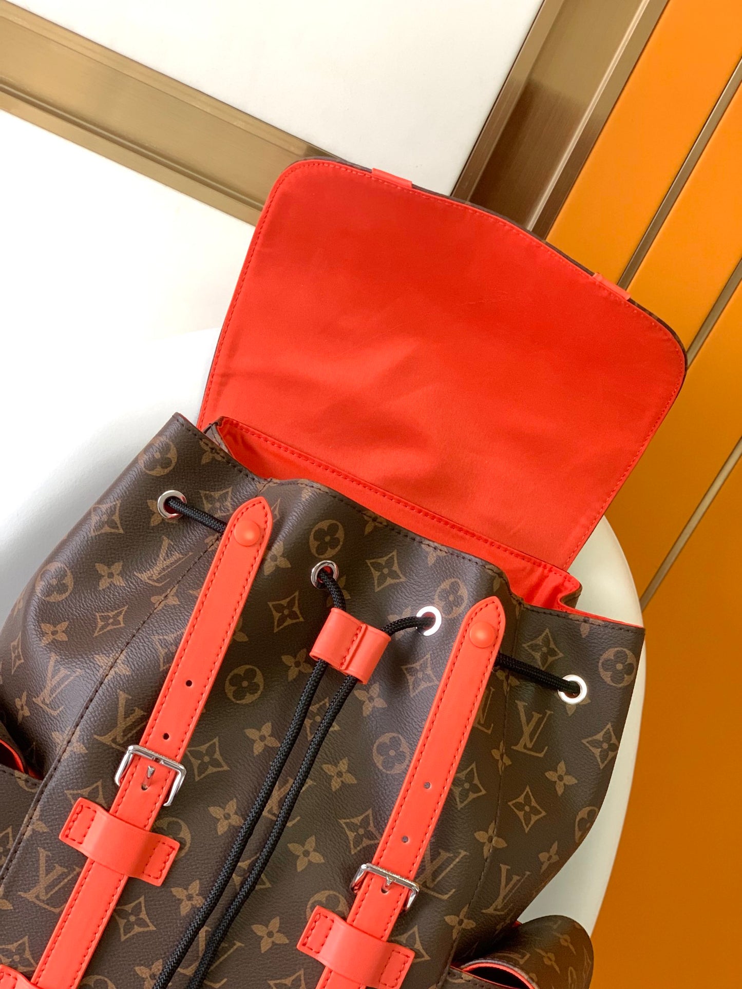 Louis Vuitton Brown Monogram Print Utility Backpack with Bright Orange Details