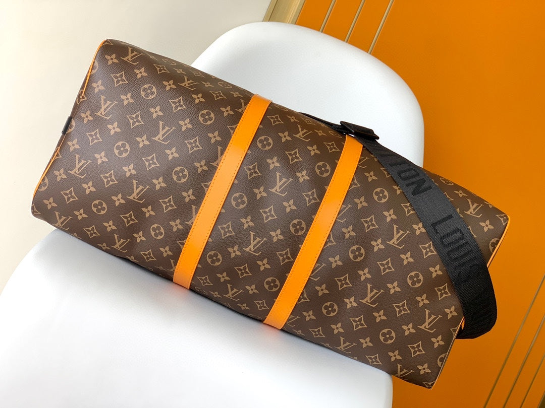 Louis Vuitton Classic Monogram Canvas Travel Duffle Bag with Orange Straps