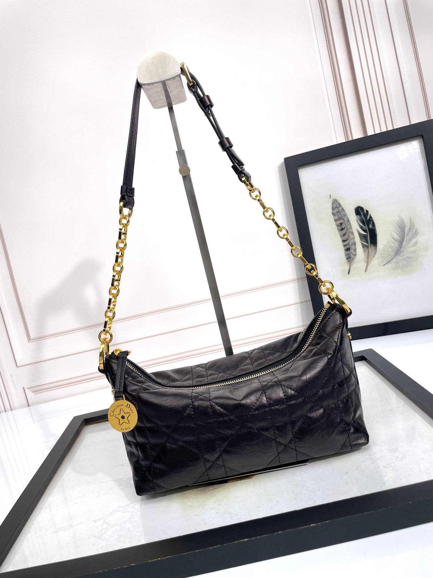 Dior Black Quilted Leather Shoulder Bag with Gold Chain Strap