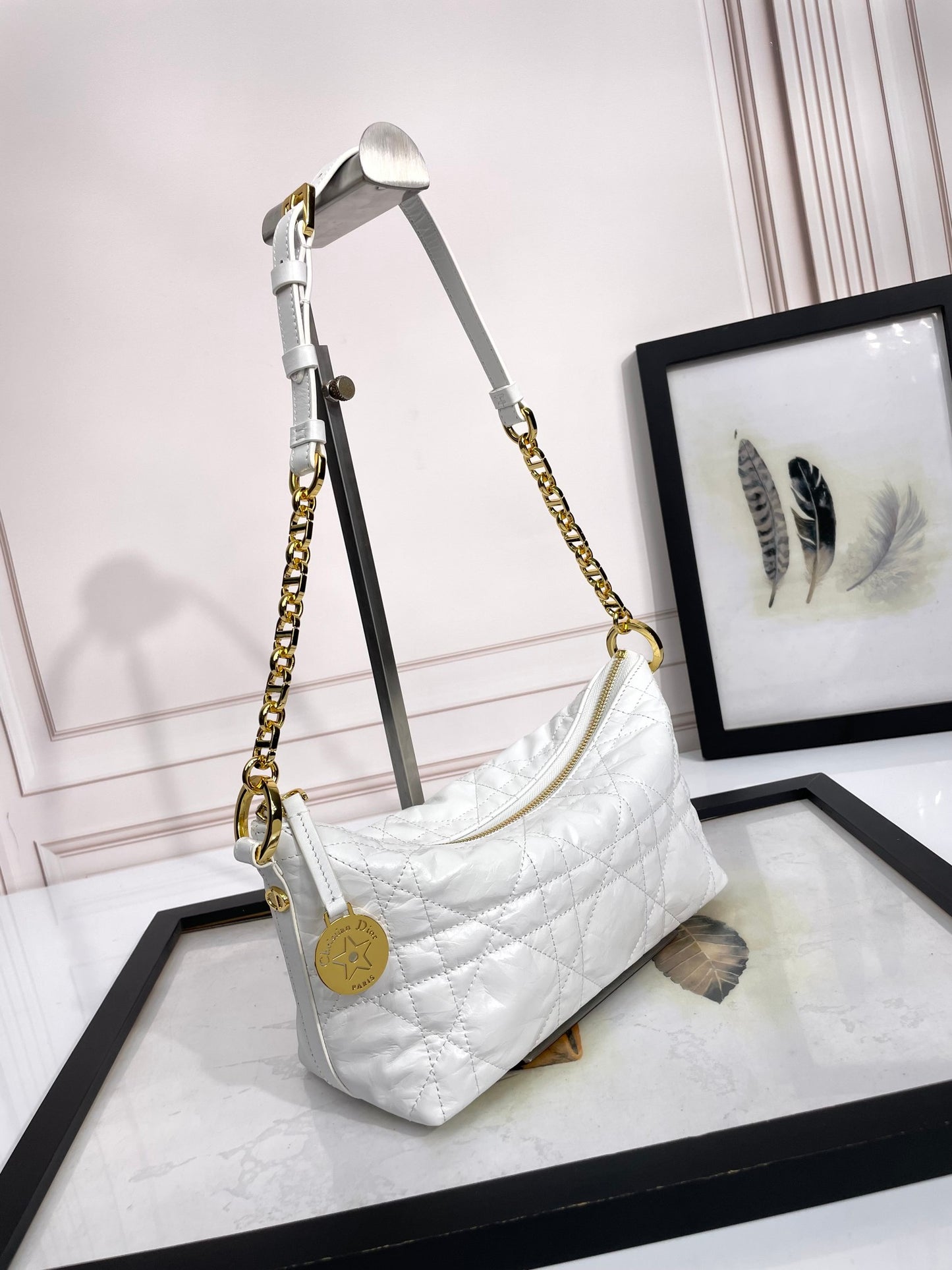 Dior Elegant White Quilted Hobo Shoulder Bag with Gold Chain