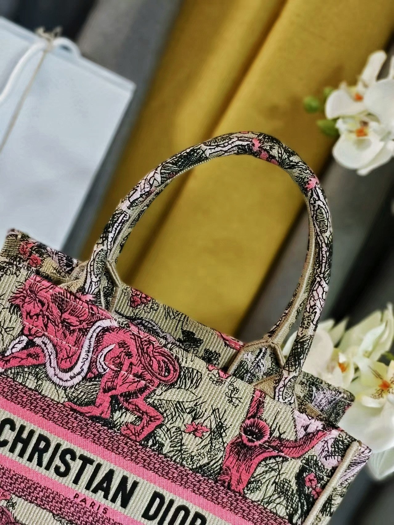Dior Vintage Pink Tiger Pattern Embroidered Top Handle Tote Bag