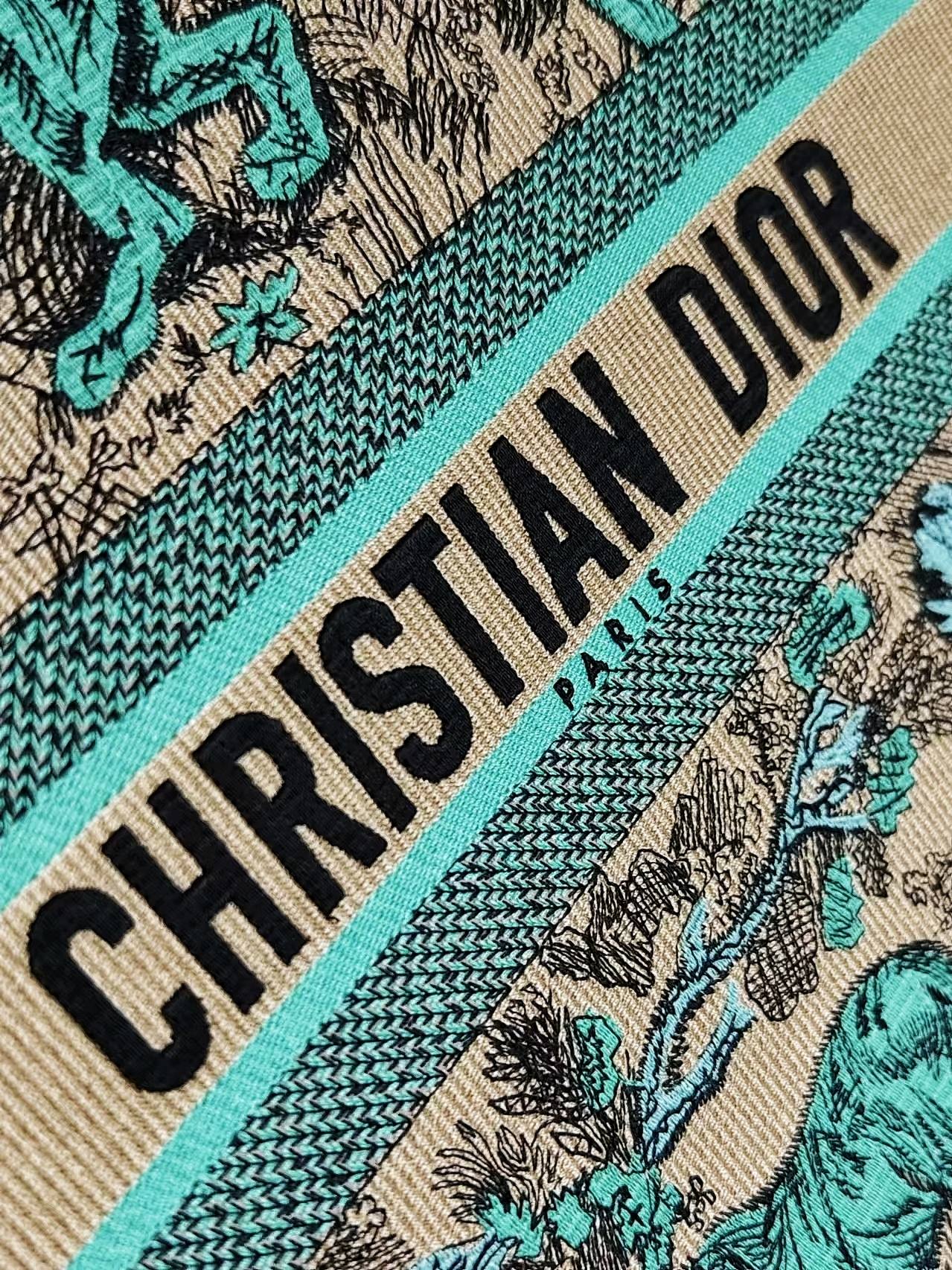 Dior Luxury Teal Jungle Animal Embroidered Canvas Tote Handbag