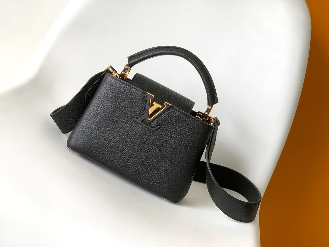 Louis Vuitton Black Textured Leather Top Handle Handbag with Gold V-Hardware