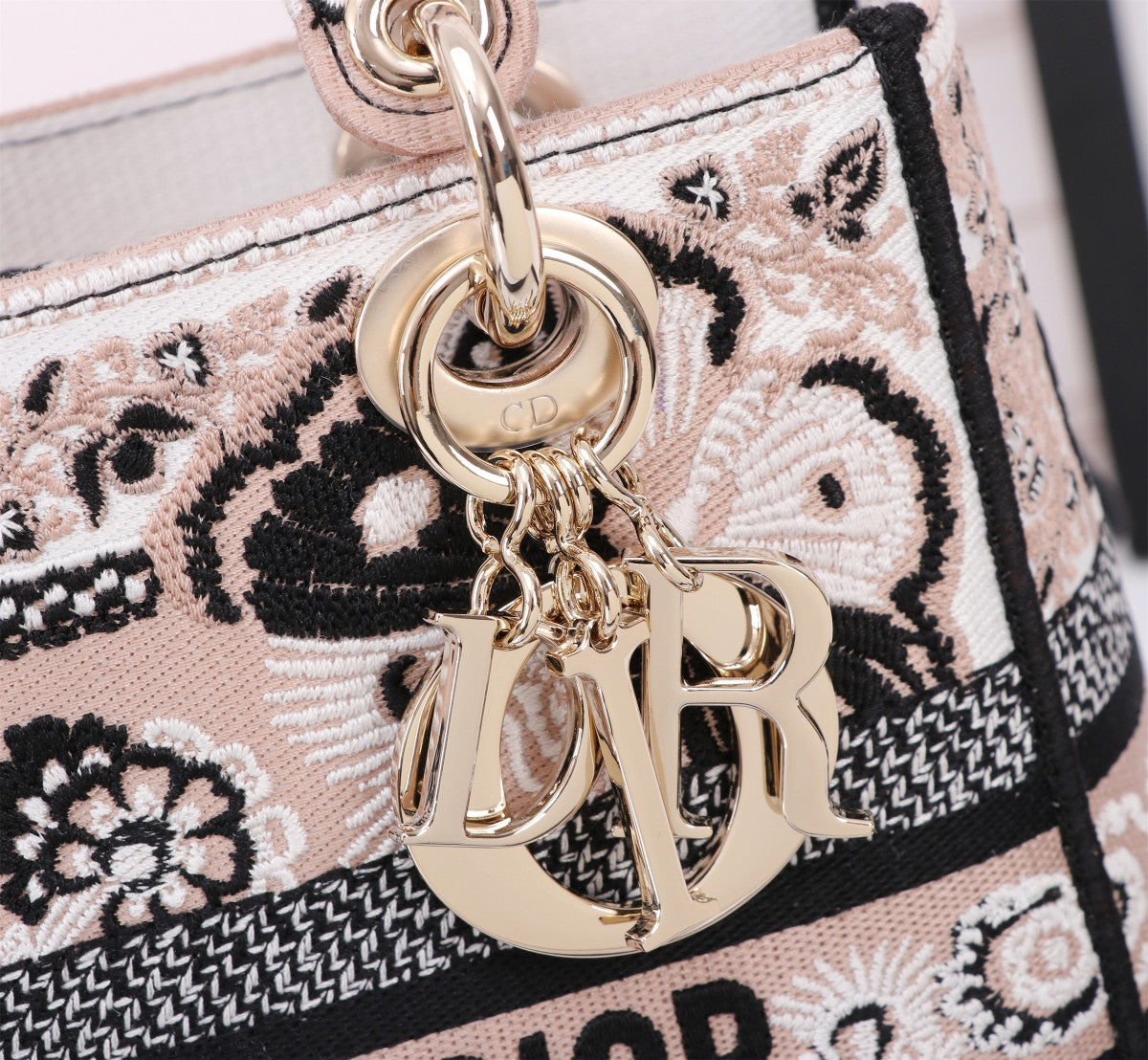 Christian Dior Lady D-Lite Handbag with Butterfly Embroidery - Cream and Black Canvas