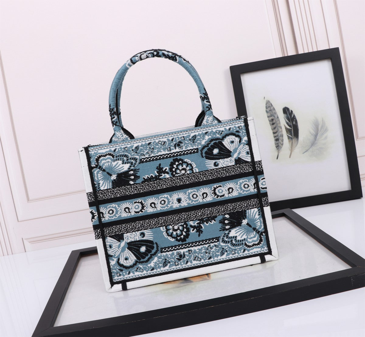 Christian Dior Medium Book Tote - Blue Butterfly Toile de Jouy Embroidered Canvas Bag