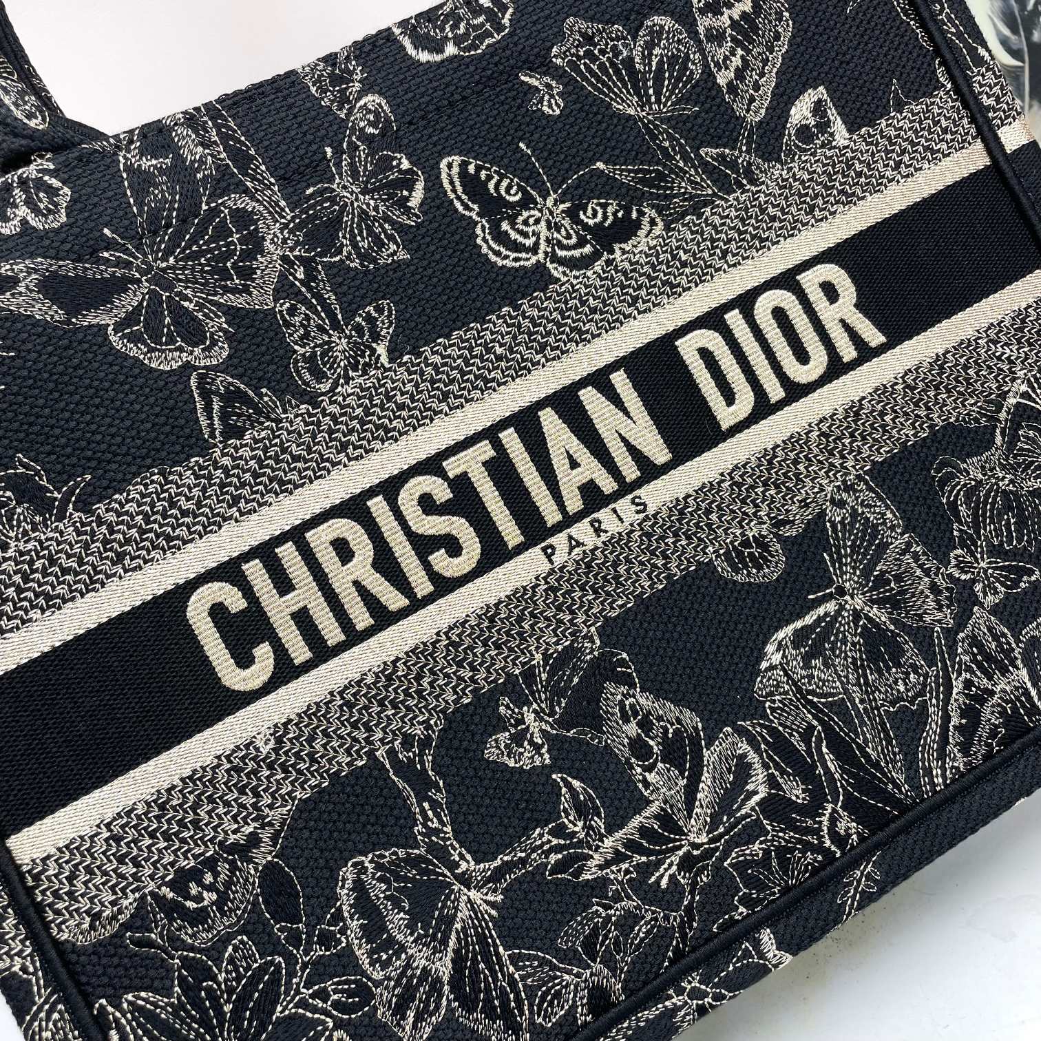 Christian Dior Book Tote with Butterfly Embroidery - Black and White