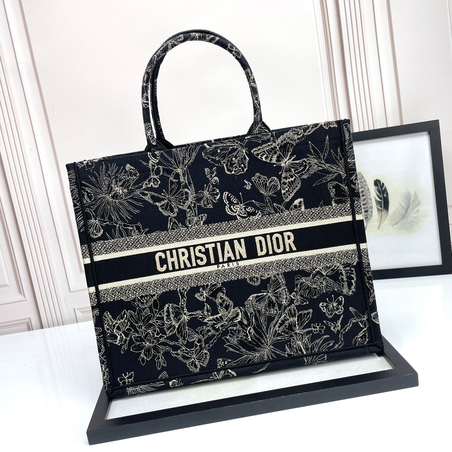 Christian Dior Book Tote Black with Gold Butterfly Embroidery Canvas Handbag