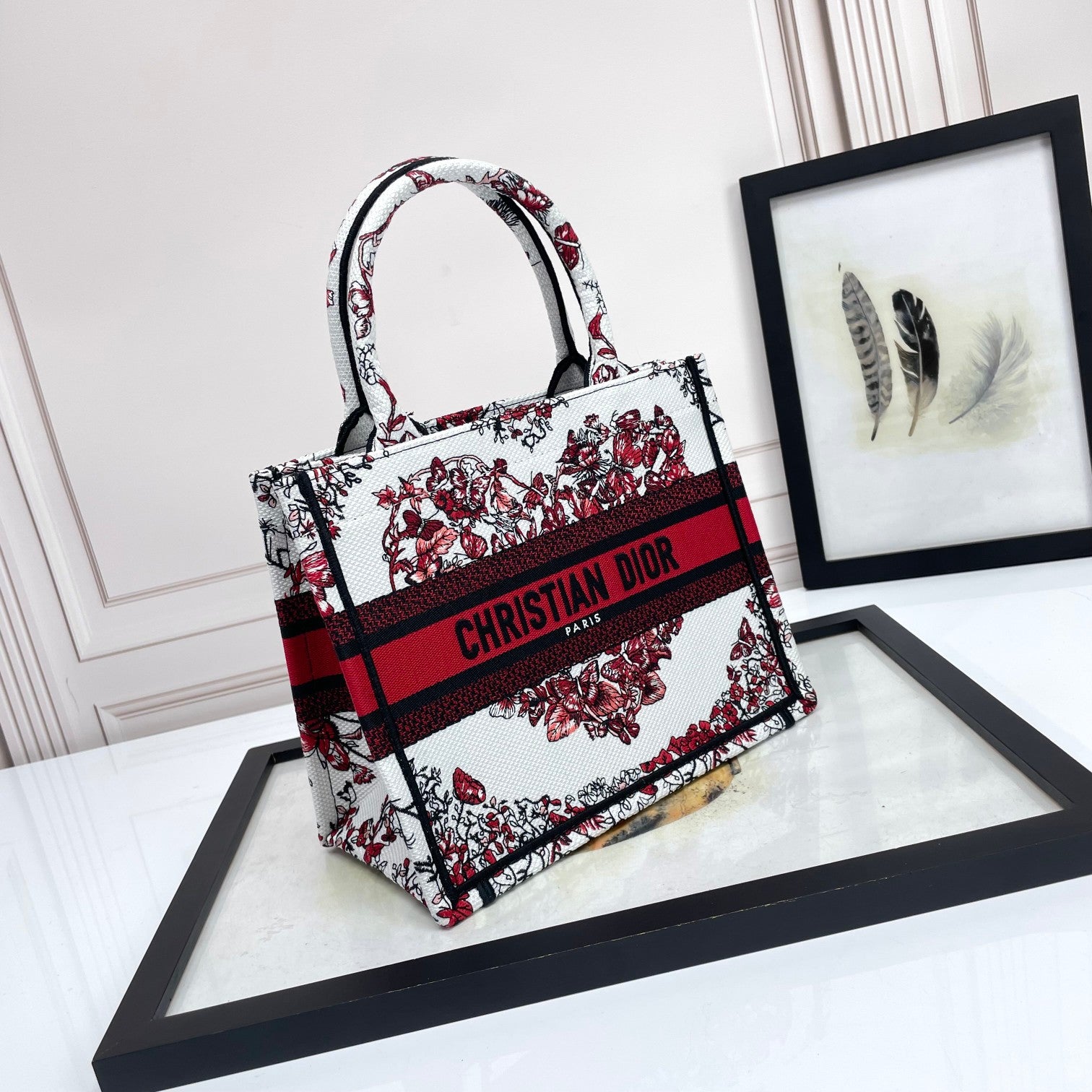 Dior Elegant Red and White Floral Heart Embroidered Canvas Tote Handbag