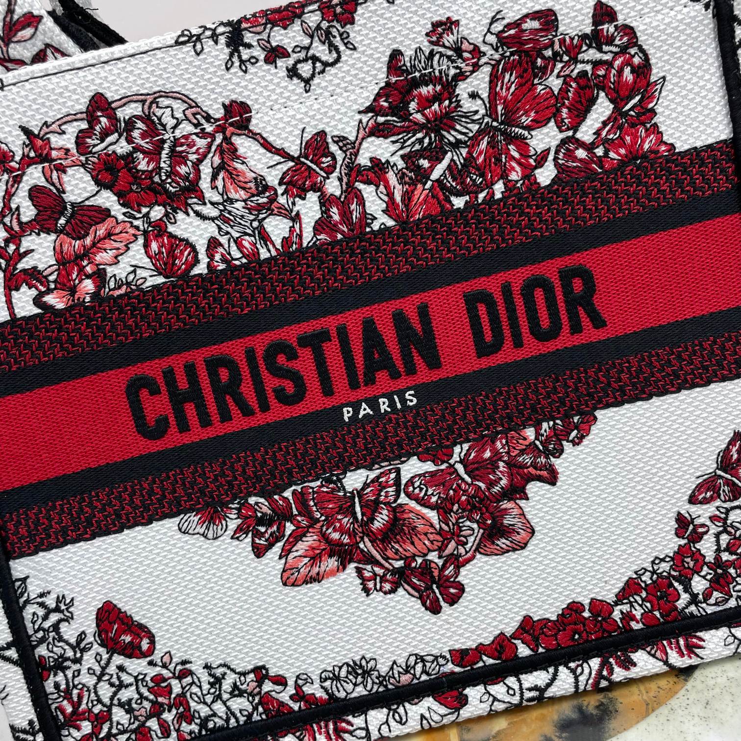 Dior Elegant Red and White Floral Heart Embroidered Canvas Tote Handbag