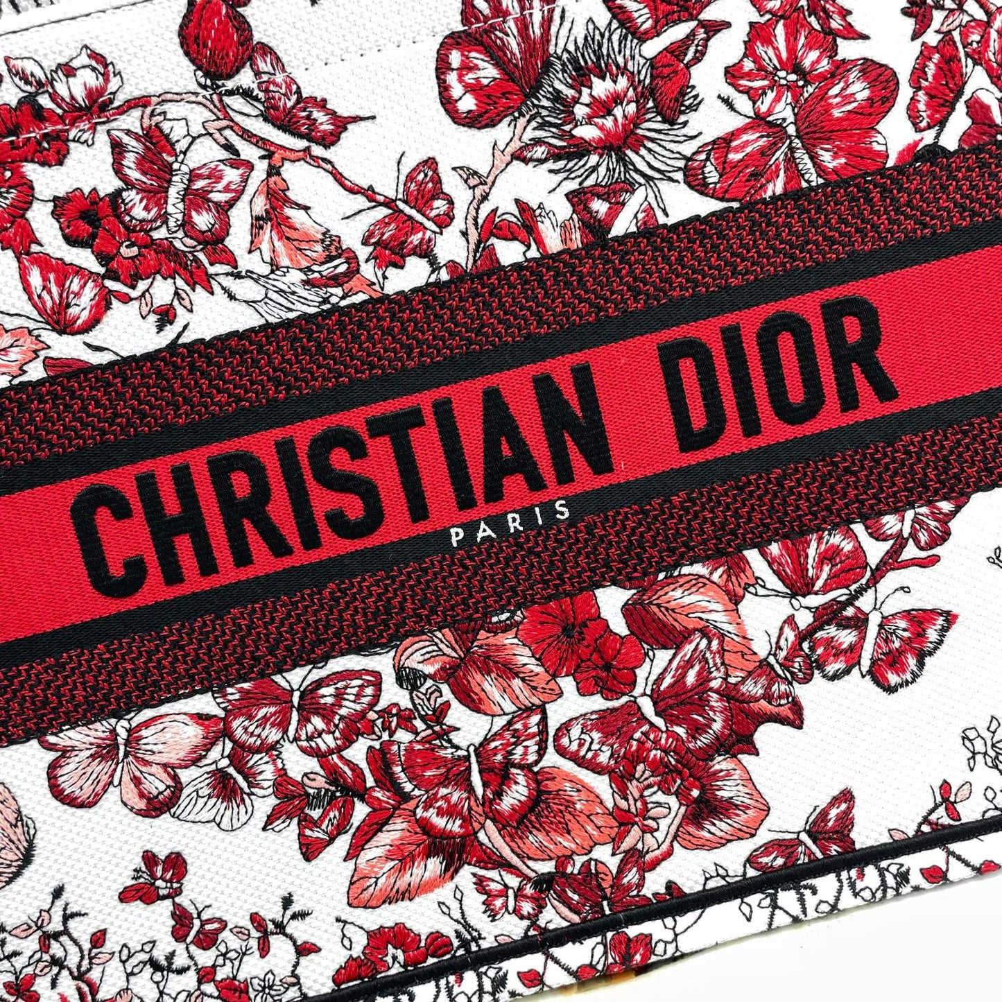 Dior Luxury Floral Butterfly Canvas Tote Bag Red Embroidered Handbag