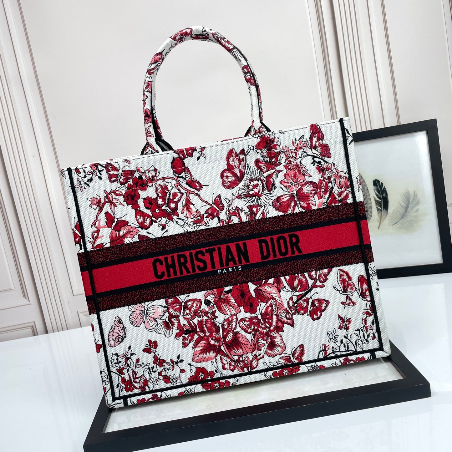 Dior Elegant Red and White Floral Butterfly Canvas Tote Handbag