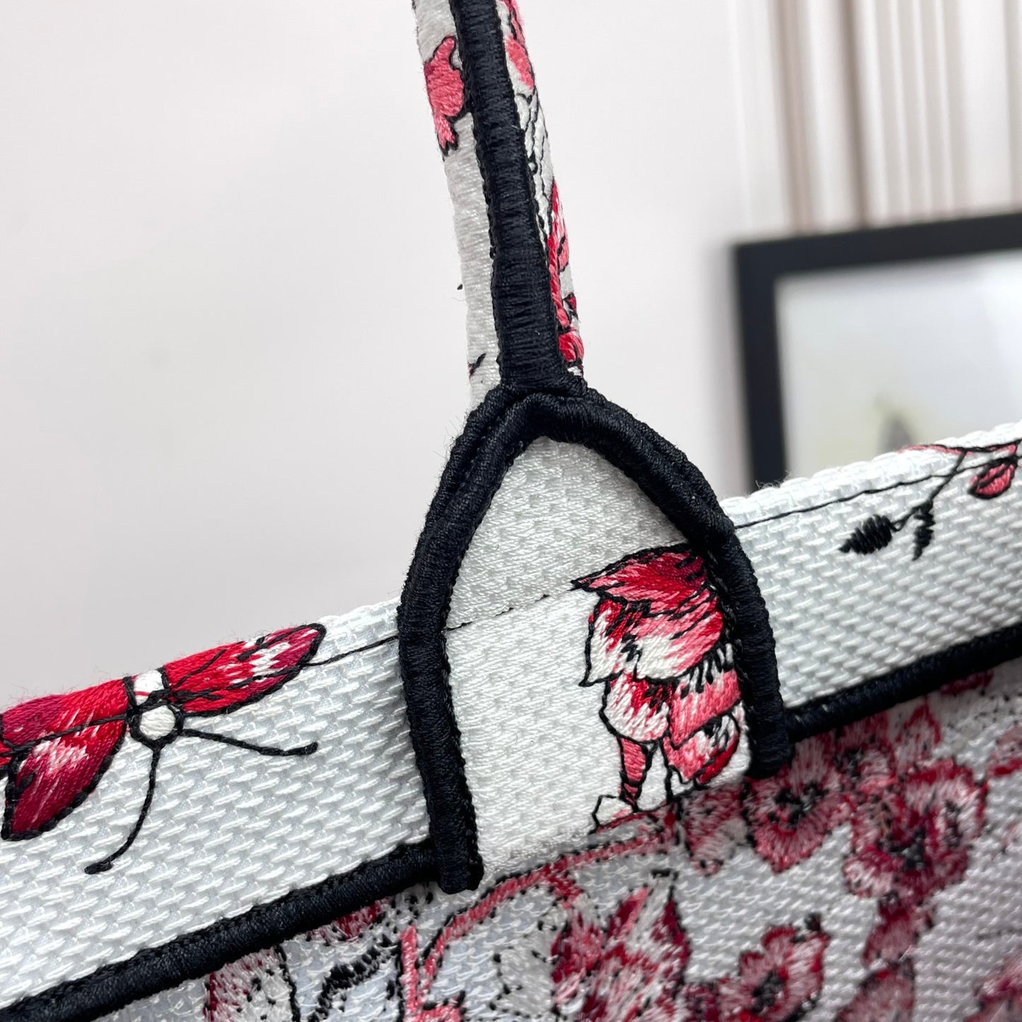 Christian Dior Small Book Tote - Red and White Butterfly Floral Canvas Handbag