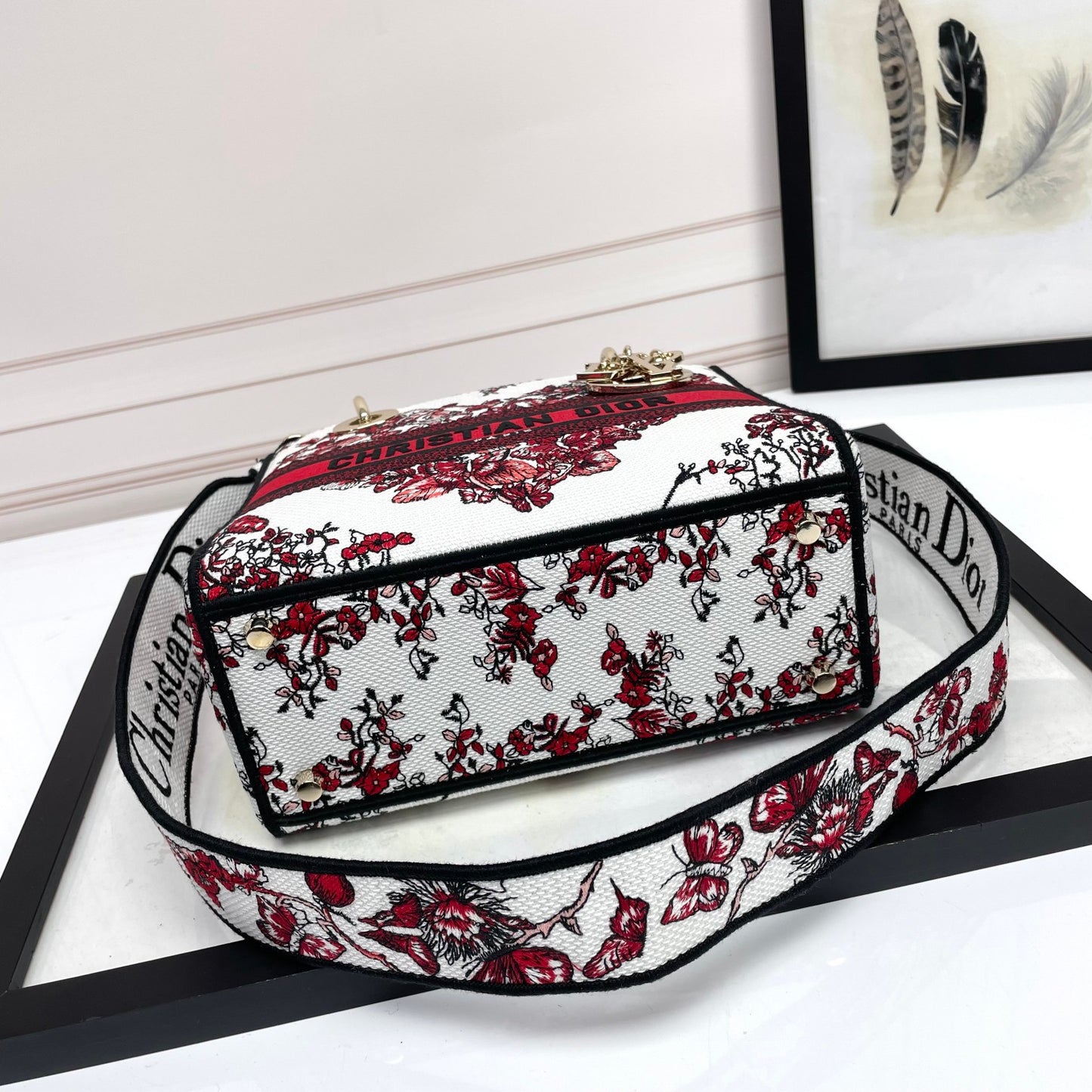 Dior Red Floral Butterfly Embroidered Canvas Top Handle Handbag