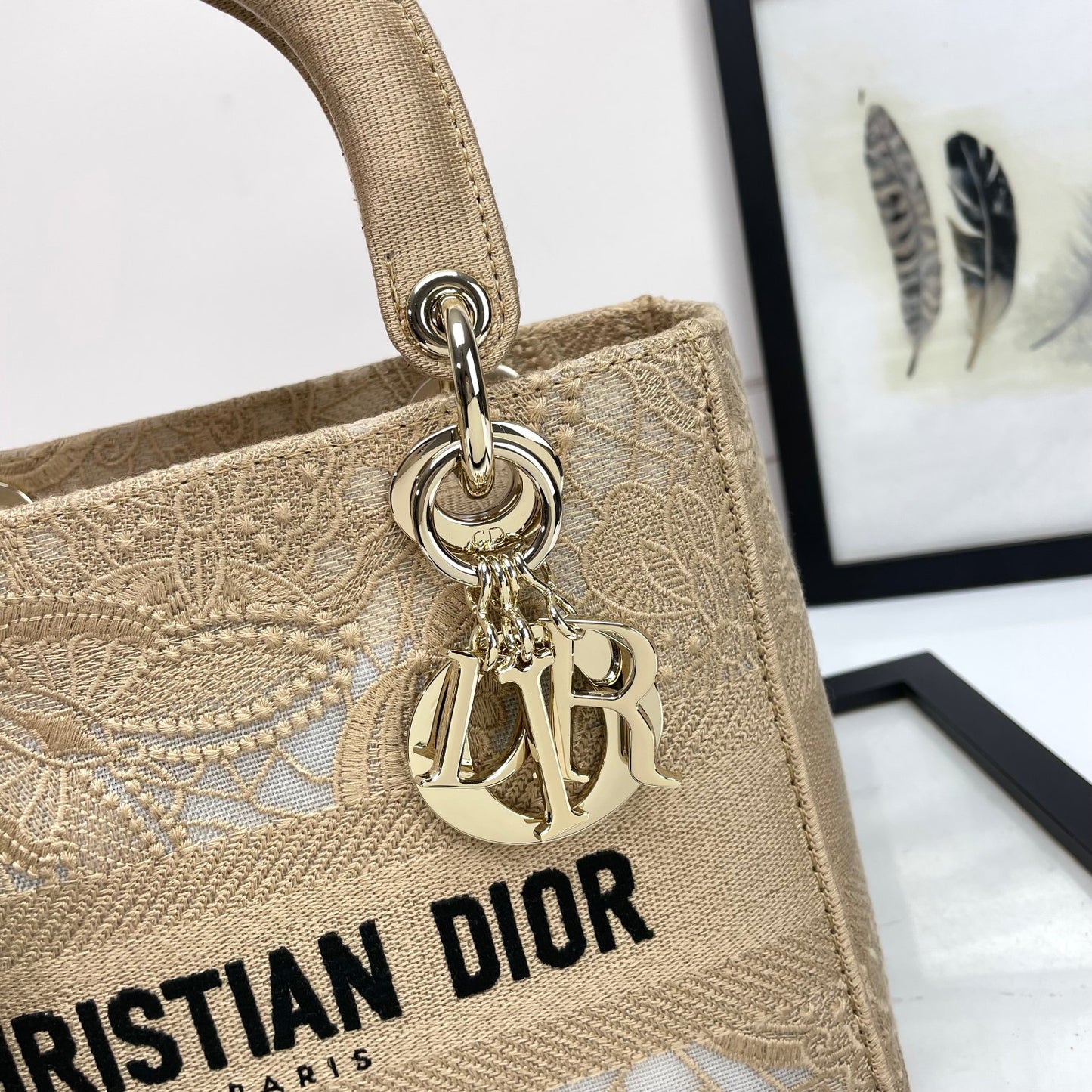 Dior Elegant Beige Embroidered Lace Canvas Tote Bag with Strap
