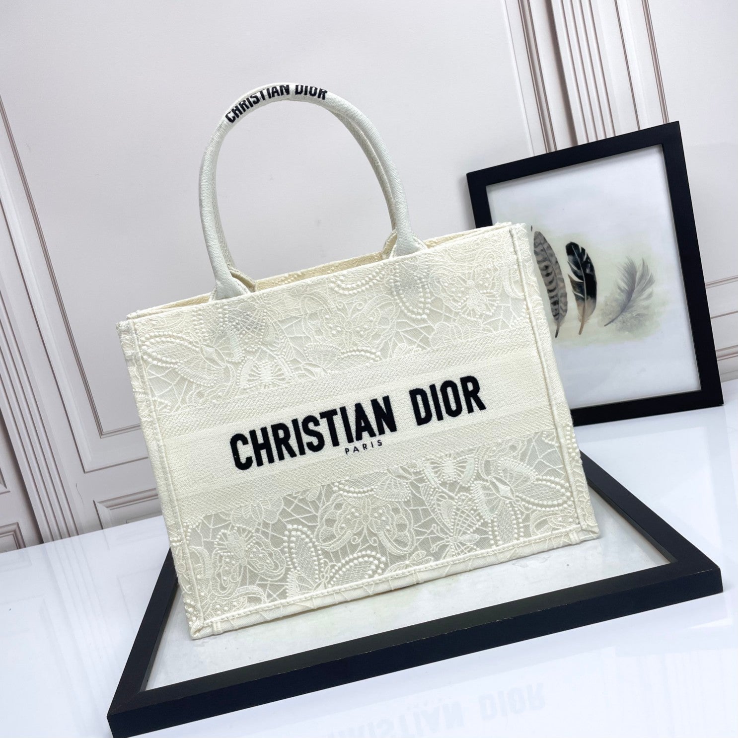 Christian Dior White Embroidered Canvas Book Tote Bag
