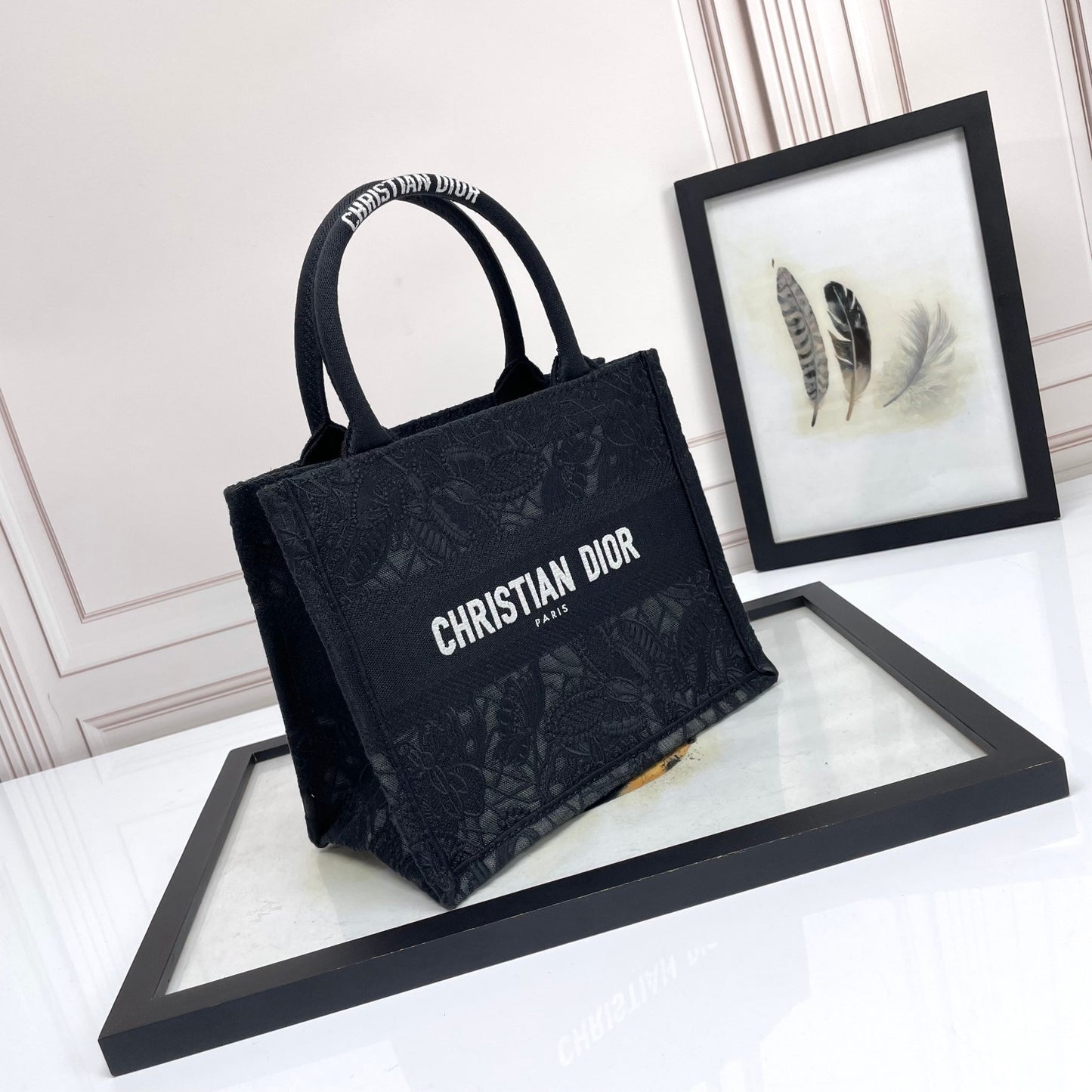 Dior Luxury Black Embroidered Canvas Tote Bag with Structured Top Handles