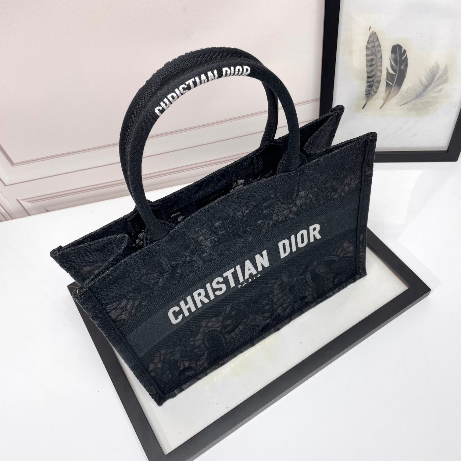 Dior Black Floral Lace Embroidered Canvas Tote Bag with Top Handles