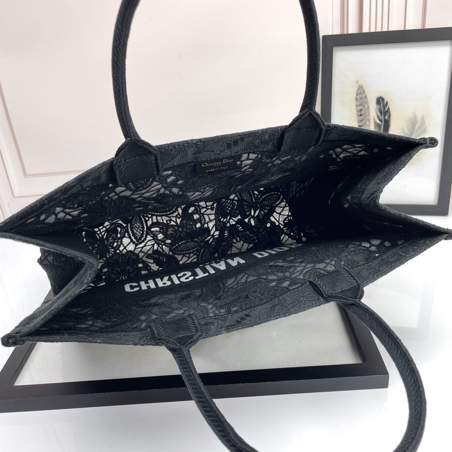 Dior Elegant Black Embroidered Floral Canvas Tote Bag with Top Handles