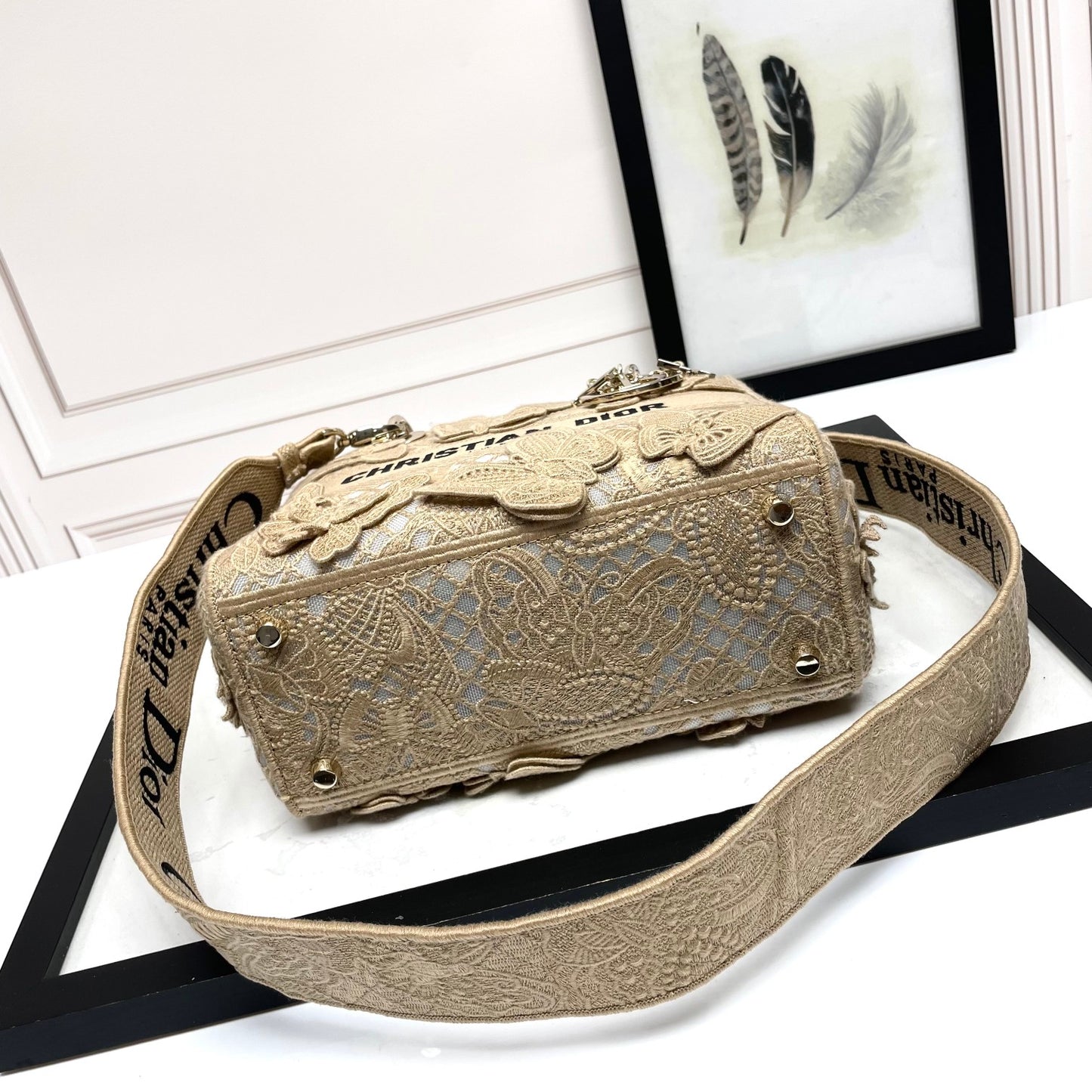 Christian Dior Lady D-Lite Handbag in Beige Butterfly Embroidery