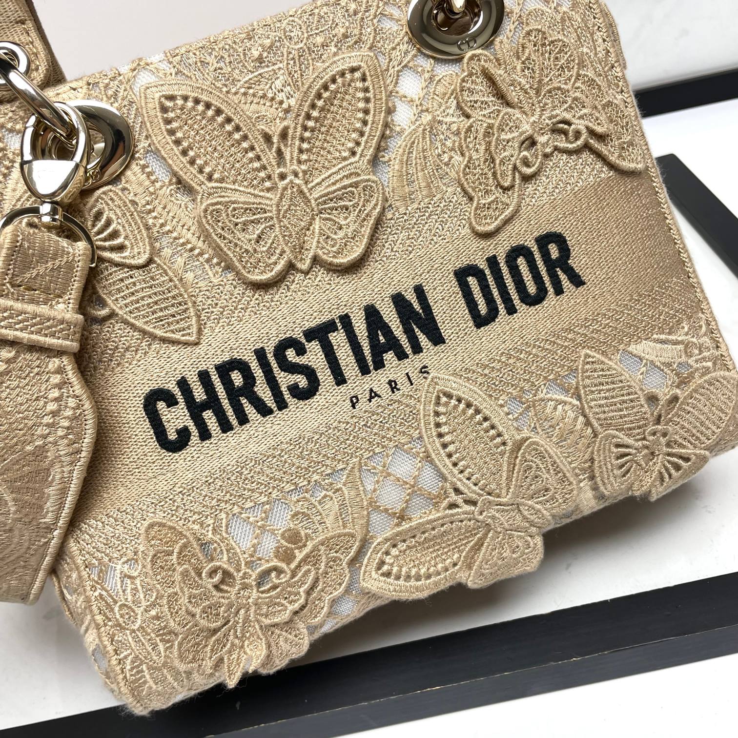 Christian Dior Lady D-Lite Bag with Butterfly Embroidery - Beige