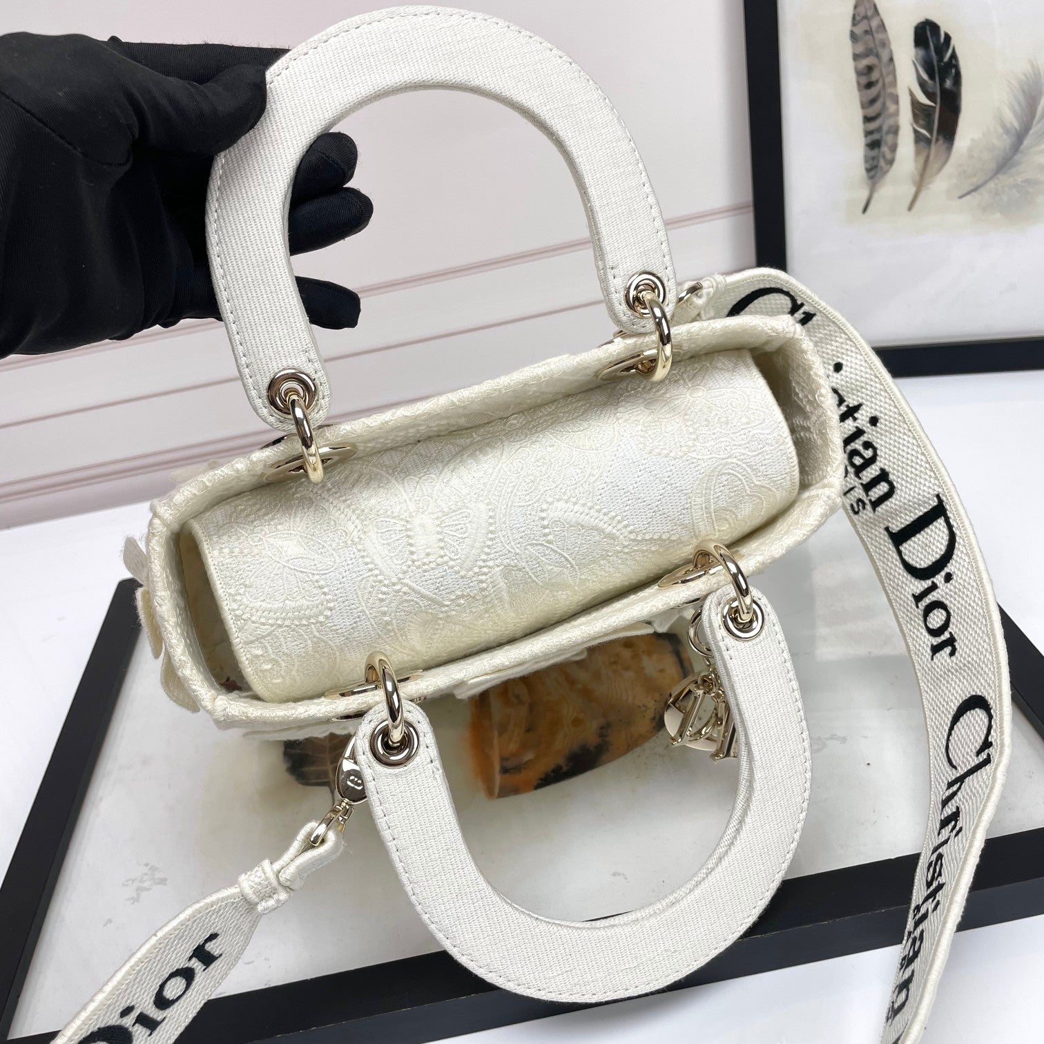 Dior White Butterfly Embroidered Canvas Top Handle Bag with Shoulder Strap