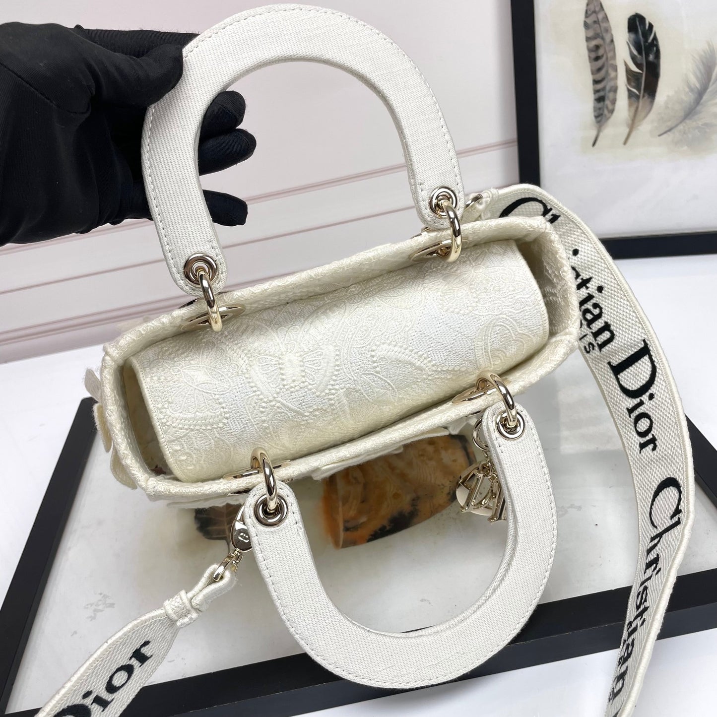Dior Luxury White Butterfly Embroidered Top Handle Bag with Shoulder Strap