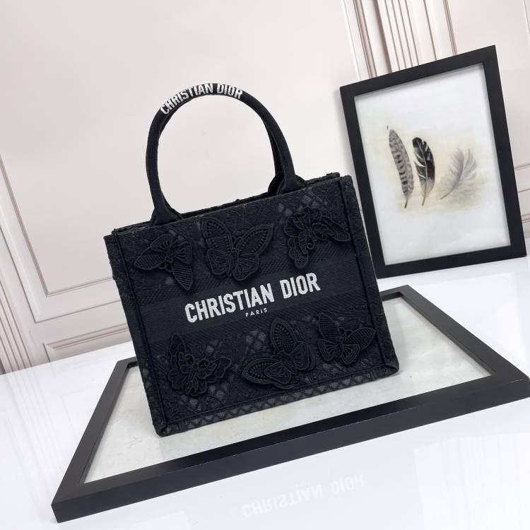 Dior Elegant Black Canvas Tote Bag with Embroidered Butterfly Detail