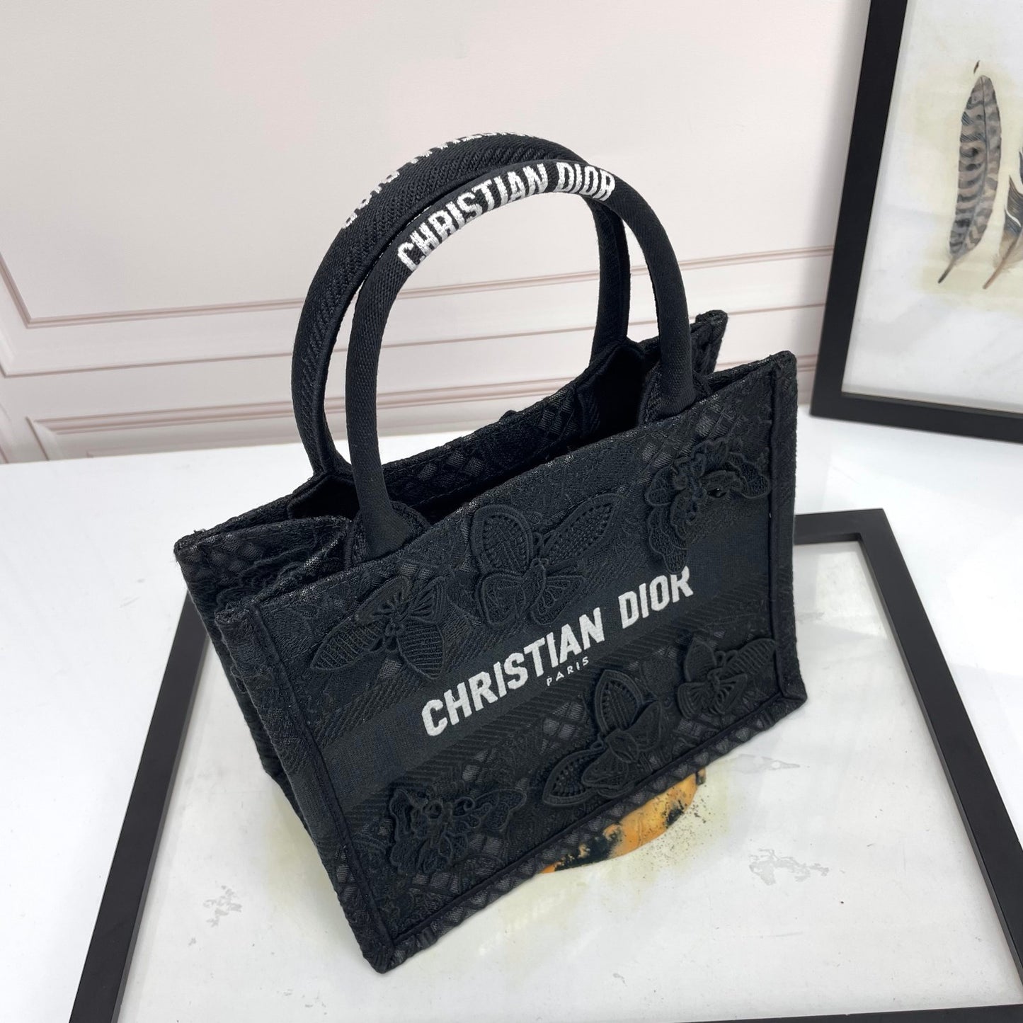 Christian Dior Small Book Tote Bag in Black Embroidered Canvas with Butterflies
