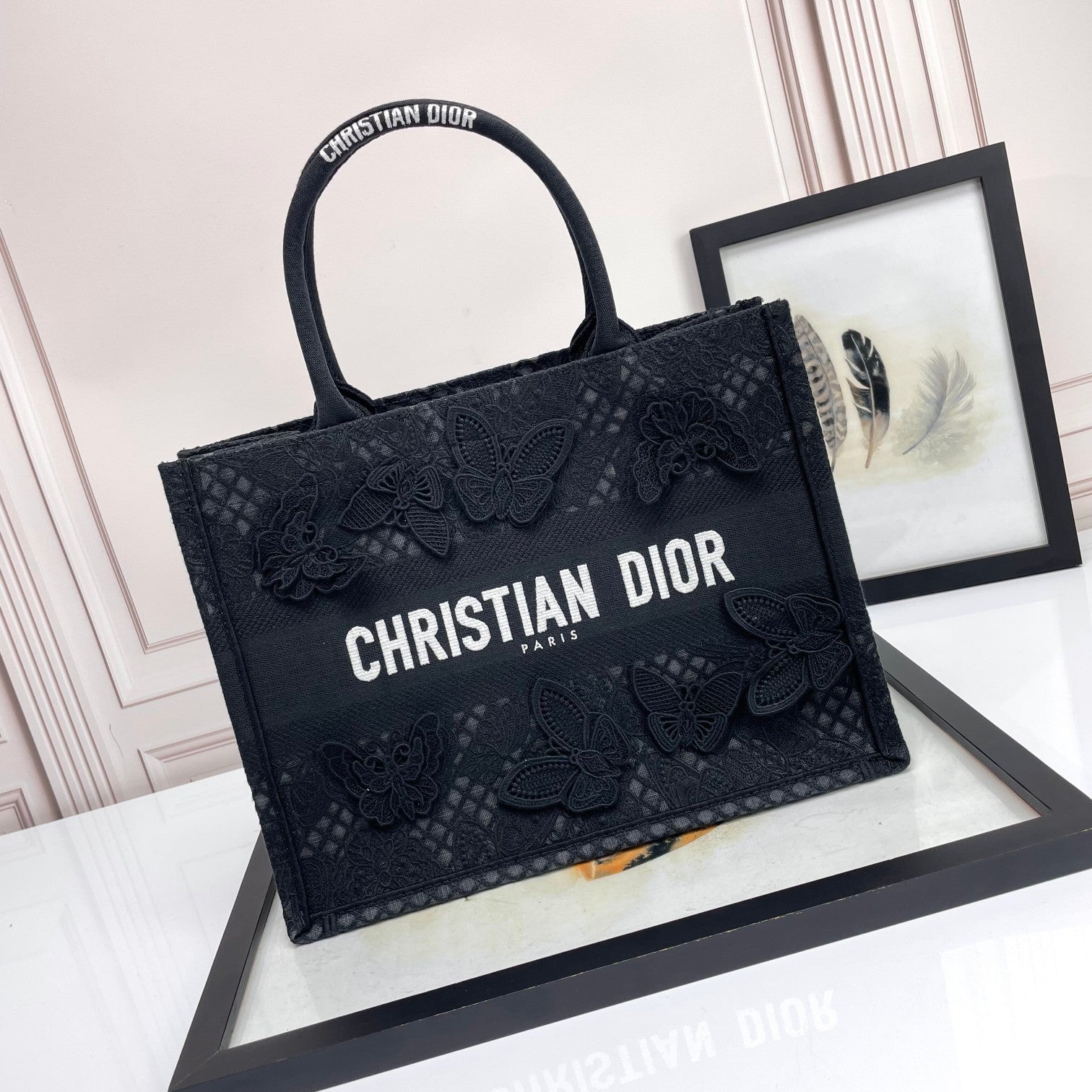 Dior Luxury Style Black Canvas Tote Bag with Butterfly Embroidery