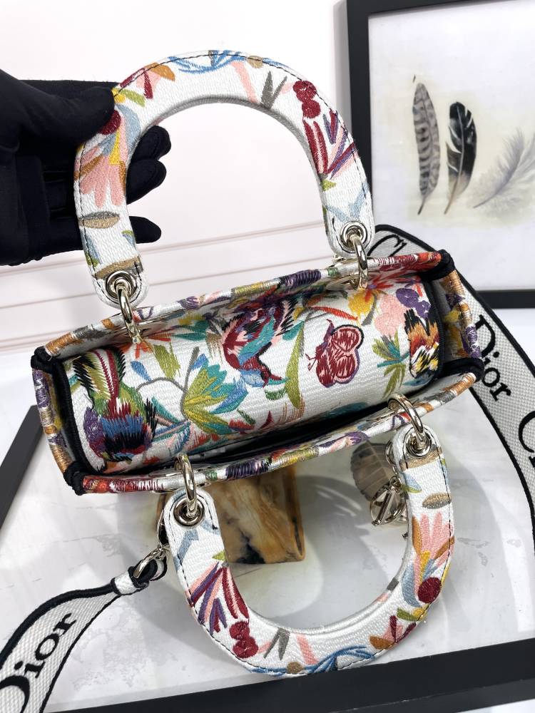 Christian Dior Lady D-Lite Bag Embroidered Floral Bird Pattern White Multicolor