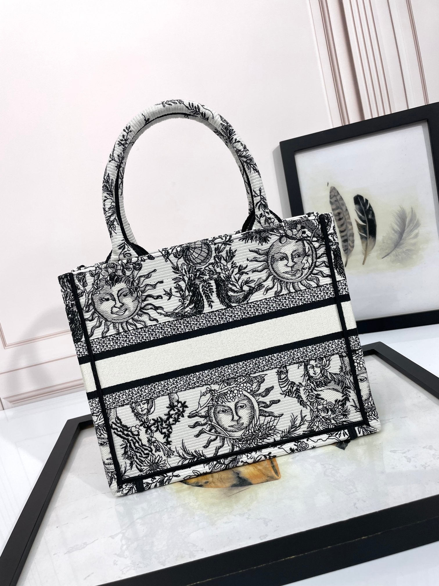 Christian Dior Large Book Tote White and Black Zodiac Embroidery