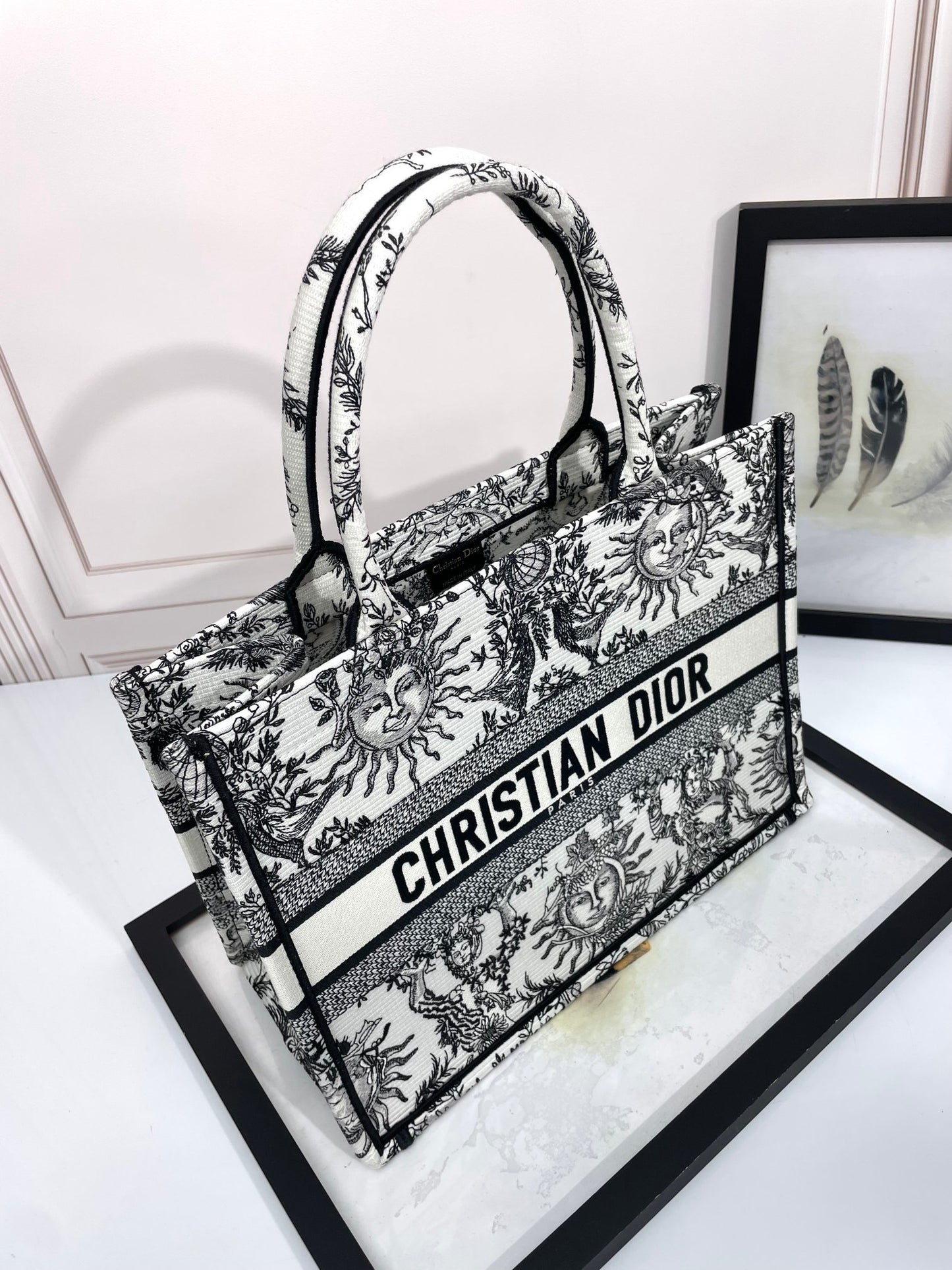 Dior Black and White Celestial Sun Embroidered Canvas Tote Bag