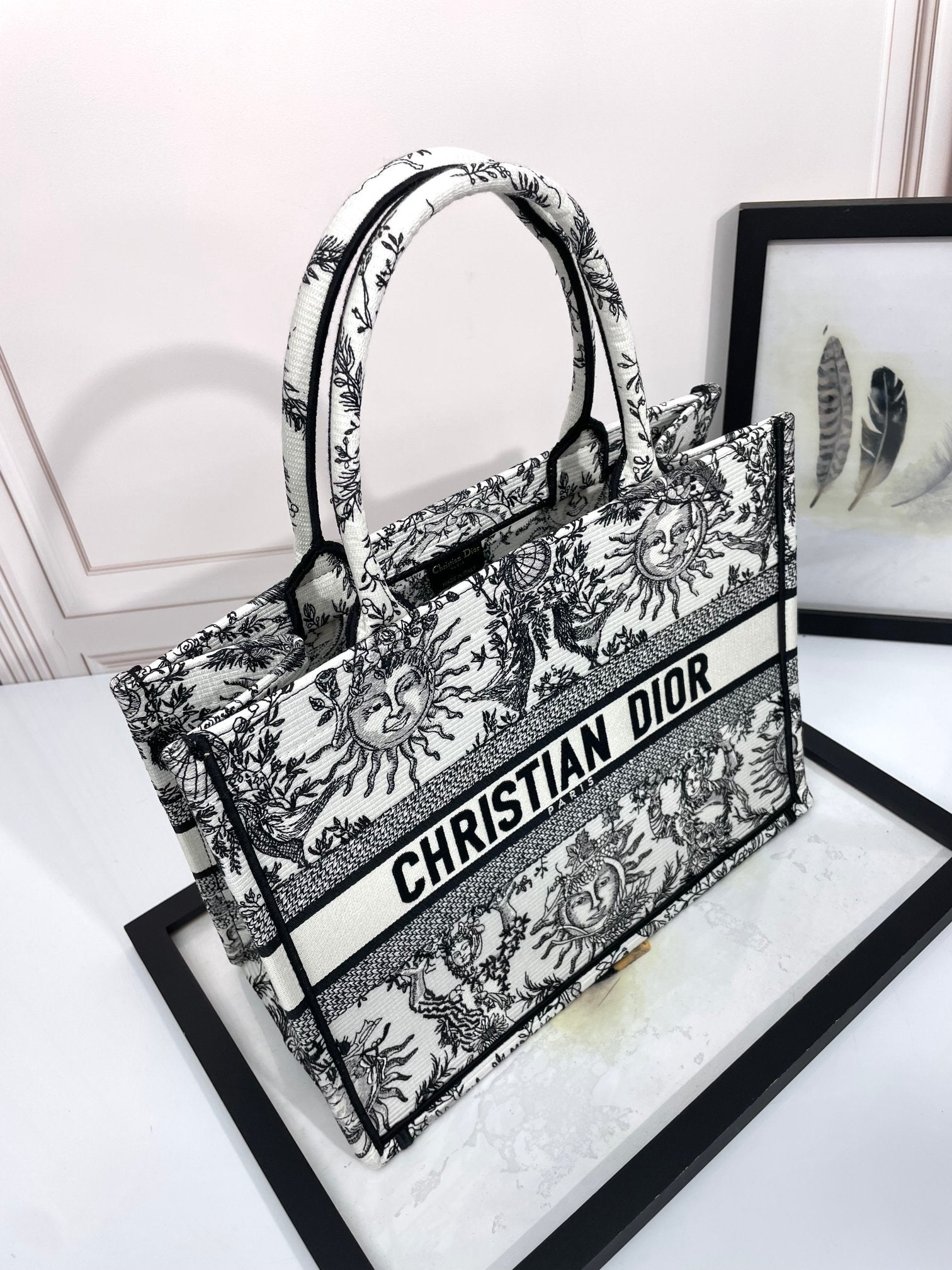 Dior Black and White Celestial Sun Embroidered Canvas Tote Bag