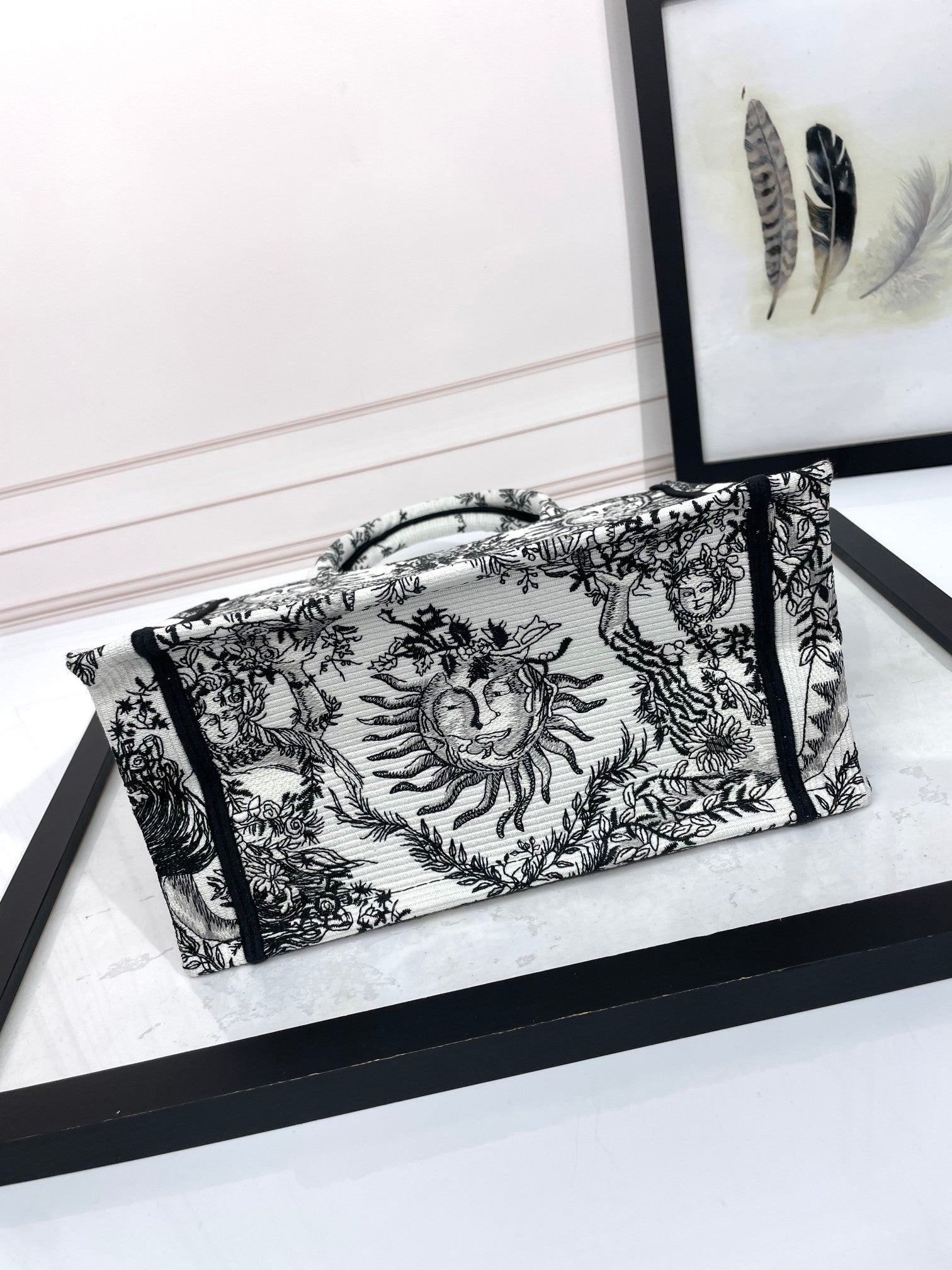 Christian Dior Medium Book Tote Bag - Black and White Sun Embroidered Canvas
